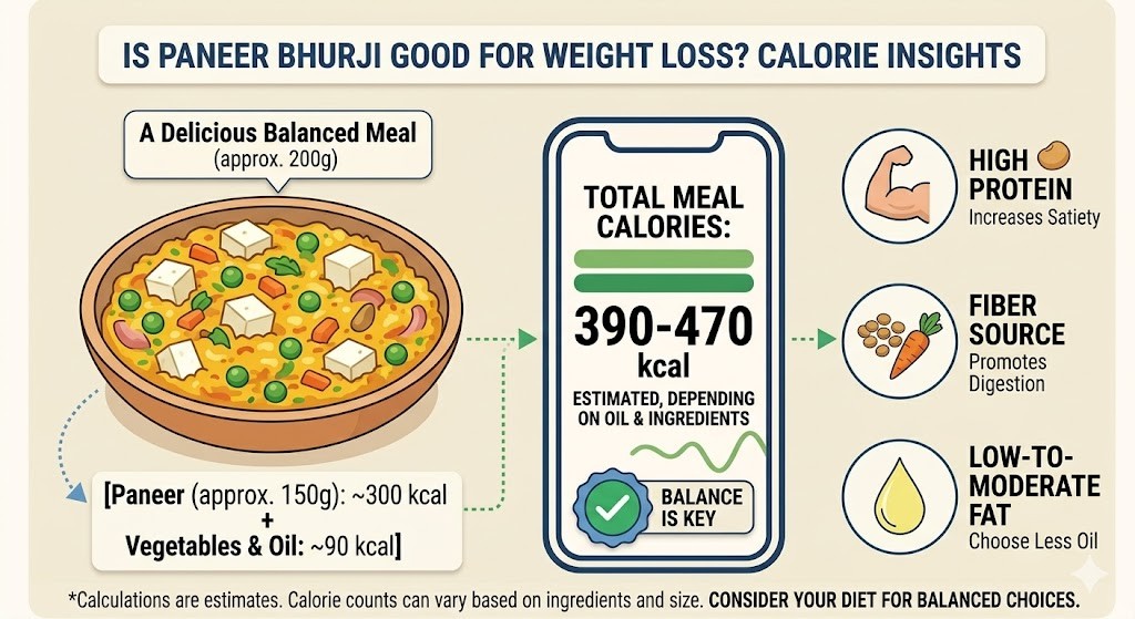 An infographic titled "Is Paneer Bhurji Good for Weight Loss? Calorie Insights," showing a bowl of paneer bhurji, a smartphone displaying 390-470 estimated calories, and icons for satiety, fiber, and low fat.