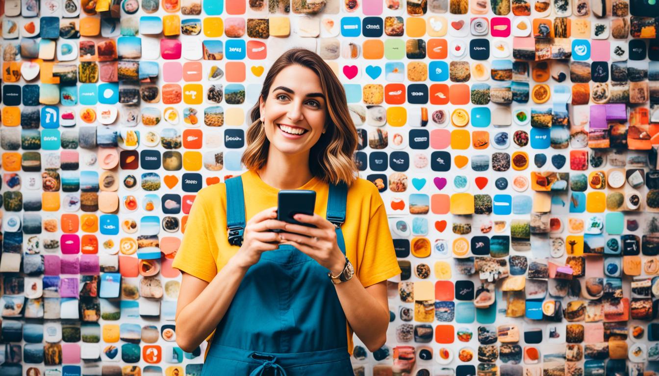 A person standing in front of a colorful wall with their phone in hand, scrolling through various Instagram Reels. The wall is covered with different icons representing popular Instagram Reels themes such as cooking, dancing, and travel. The person has a thoughtful expression, as if they are planning their own Reel strategy to maximize their reach on the platform.