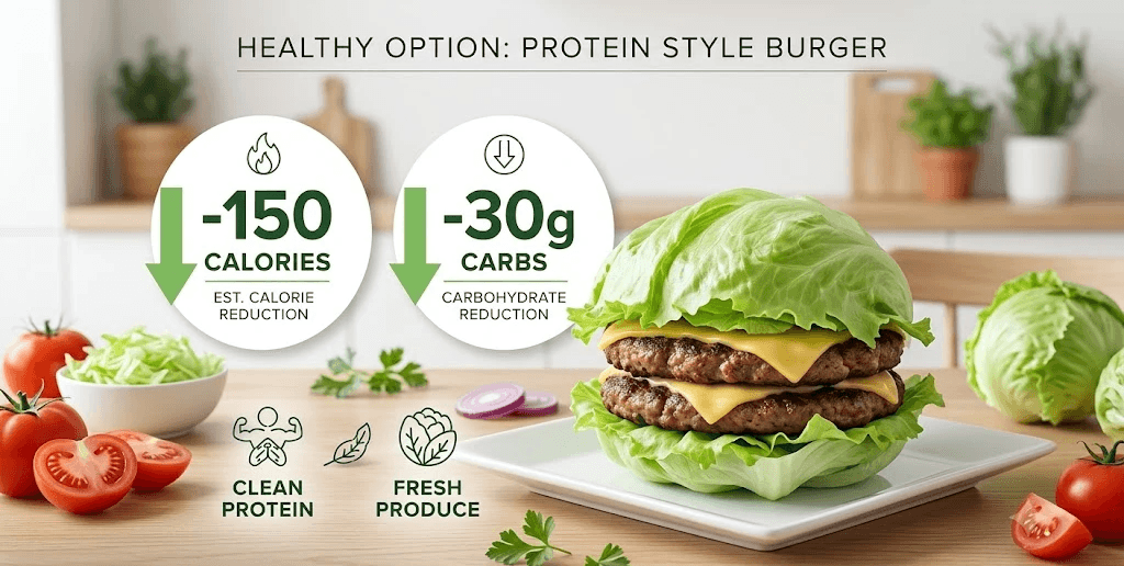 A clean infographic comparing a Protein Style (lettuce-wrapped) burger to a regular one, showing an estimated reduction of -150 calories and -30g of carbs, with fresh ingredients on a wooden table.