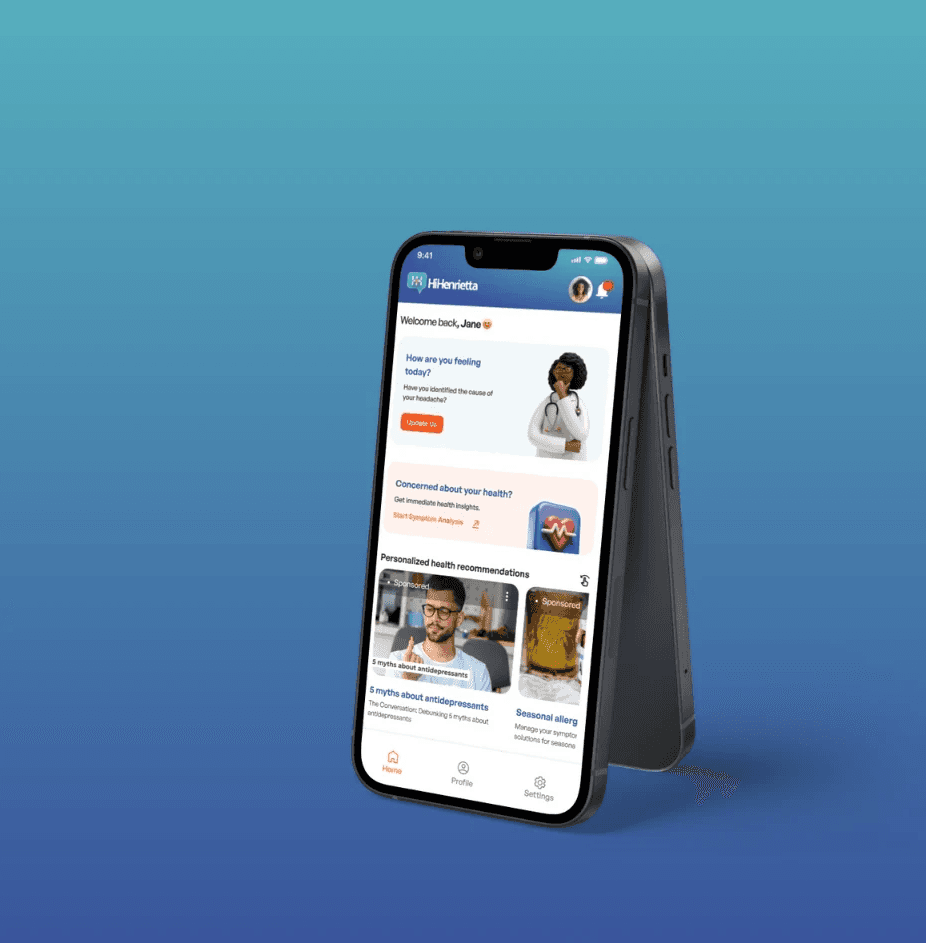 Mock image of the homescreen of the HiHenrieta application and the slogan "Your healthcare, your way, one chat away!"