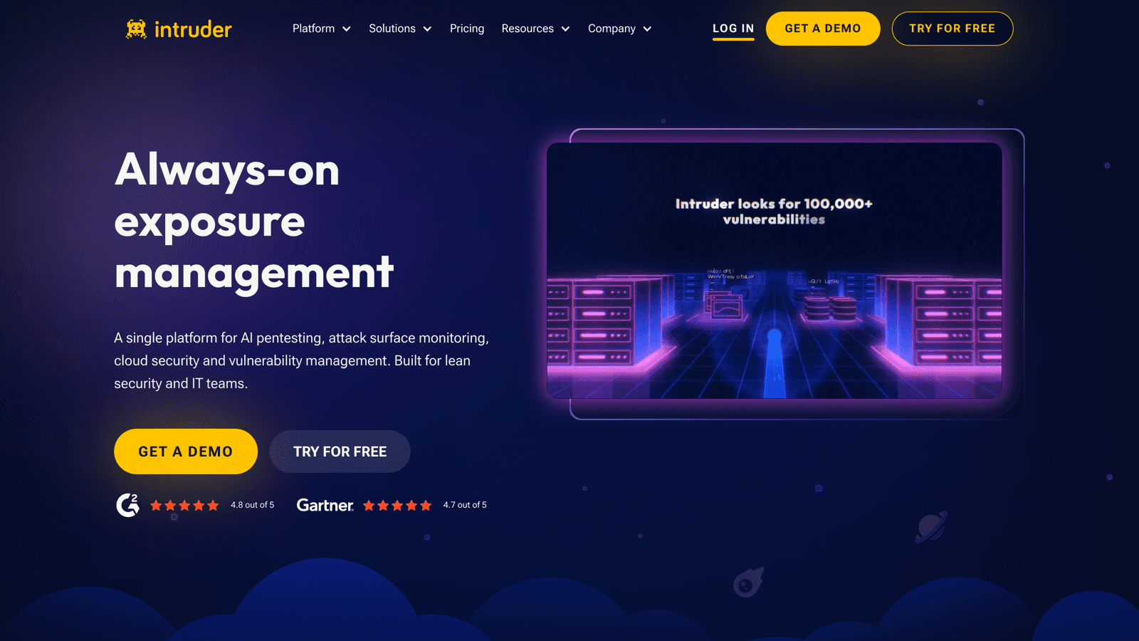 Intruder homepage with the headline Always-on exposure management