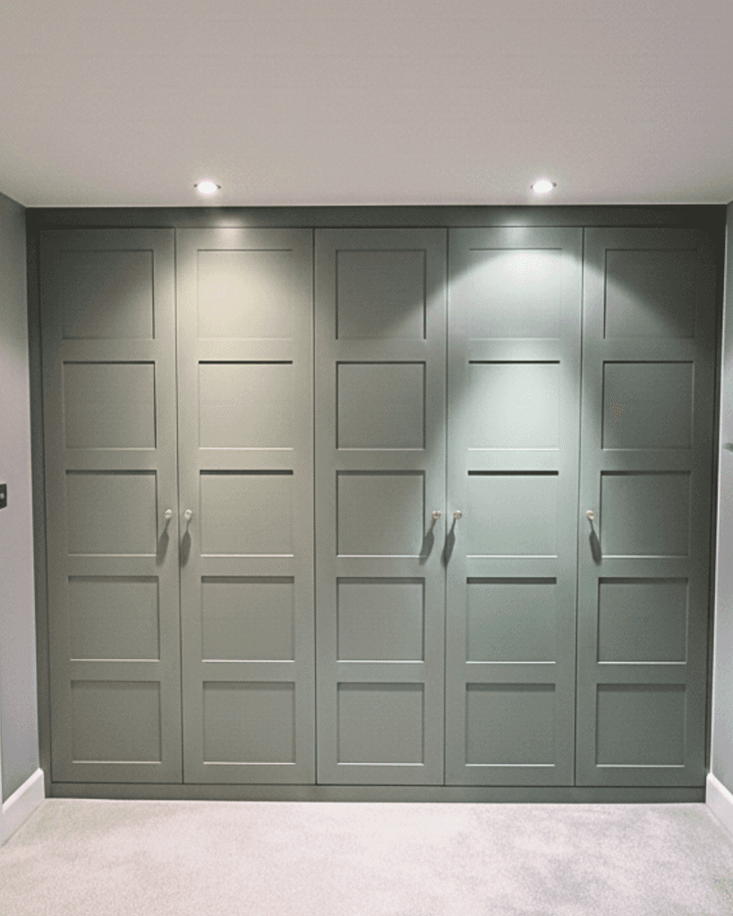 white wardrobe in room with blue pattern wall