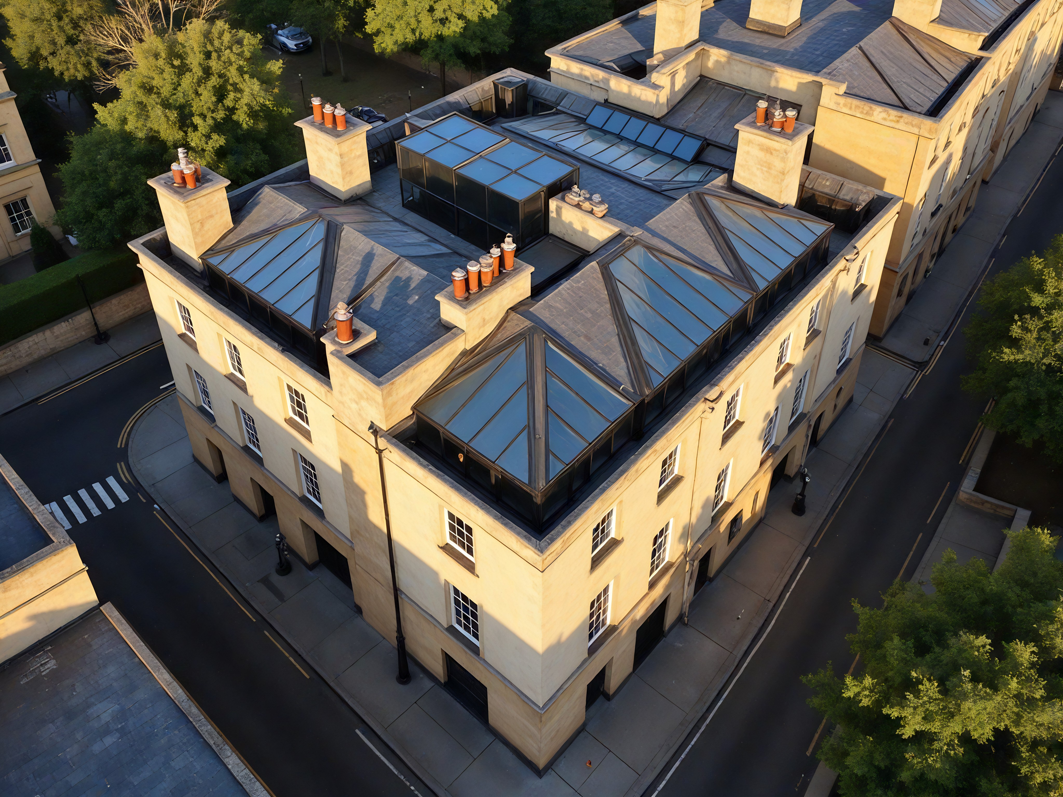 A luxurious, traditional bathroom with off-white paneled walls, white marble flooring, and intricate crown molding. Centered under a large three-paneled sash window is a white clawfoot bathtub featuring ornate gold feet and a matching gold faucet. A delicate crystal chandelier hangs directly above the tub. To the left, a walk-in shower with marble wall tiling and a glass door is visible, with a white towel hanging on a gold rail nearby. To the right, a white vanity with a marble countertop holds a gold faucet, paired with a gold-framed mirror and a classic wall sconce. The room is filled with bright, natural light, creating an airy and sophisticated atmosphere.