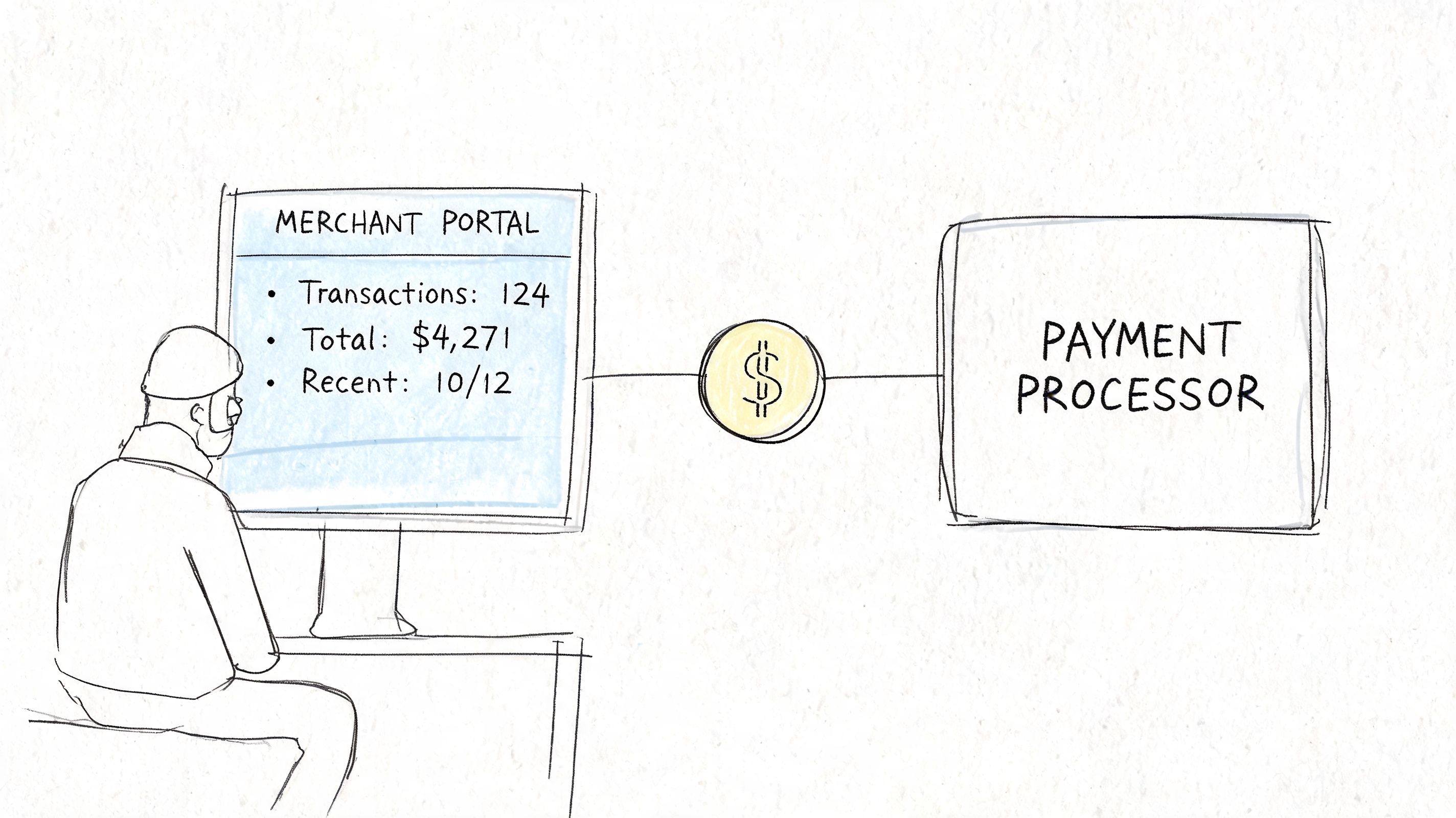 A sketched illustration showing a user at a computer desk interacting with a payment merchant portal.