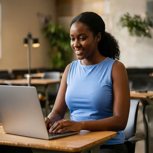 Étudiante de l'ICEA Martinique utilisant un ordinateur portable en salle d'étude, illustrant la digitalisation des formations et le travail personnel en école supérieure