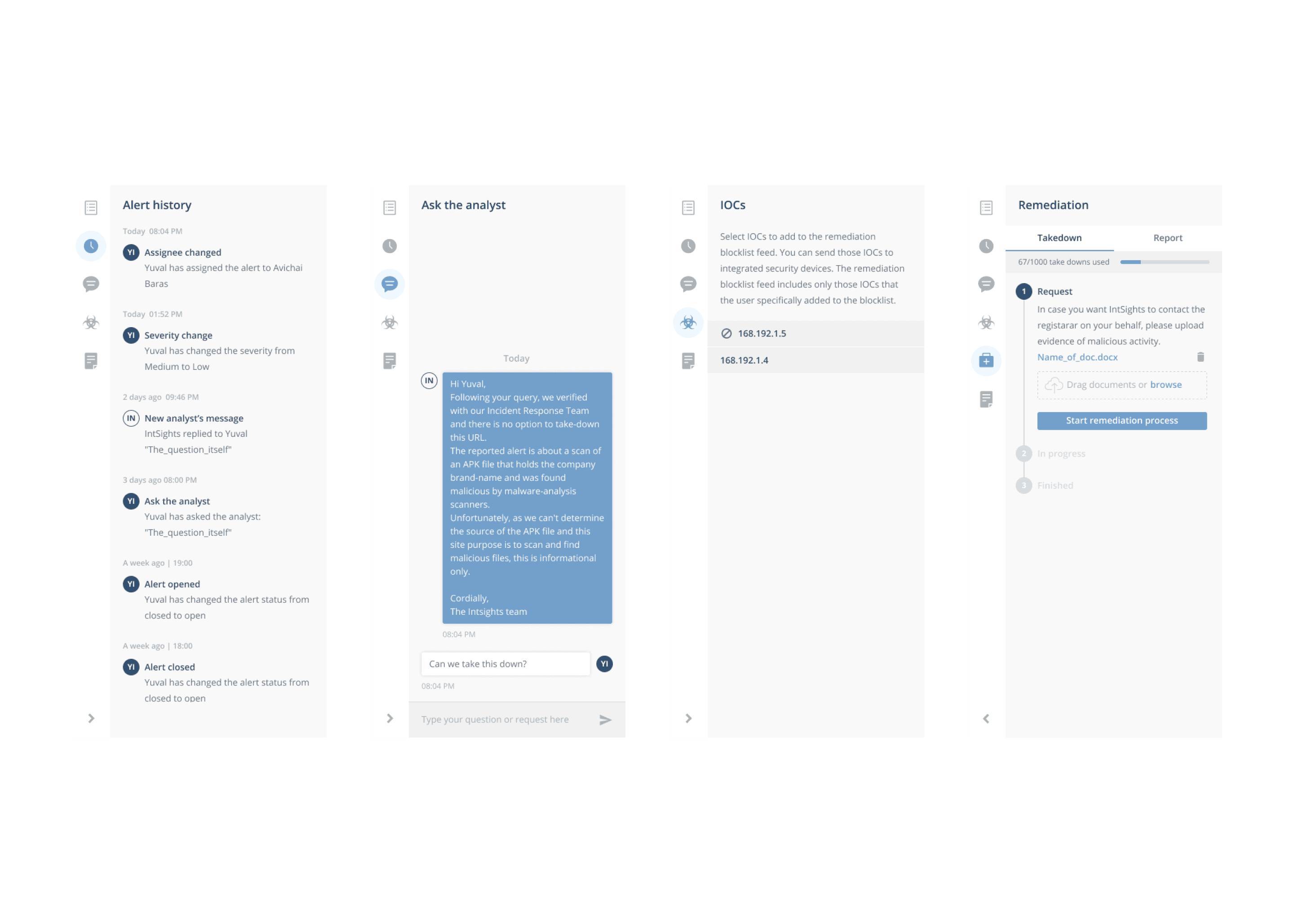 An interface detail showing some of the tabs of the side bar like "History", "Ask the analyst", "IOCs" and "Remediation"
