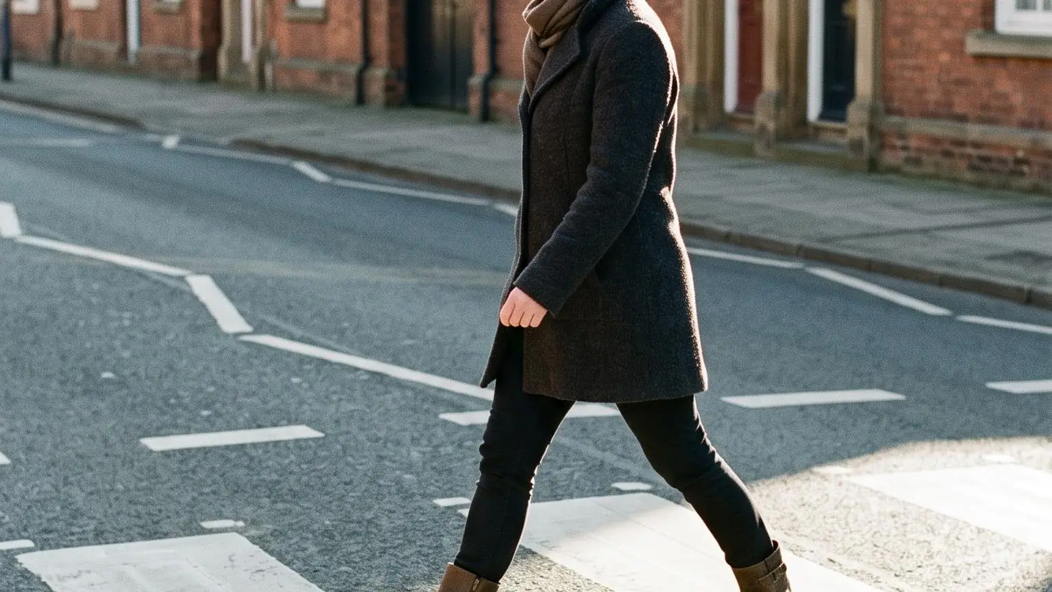 A woman striding across a zebra crossing in low winter sun, seen in profile