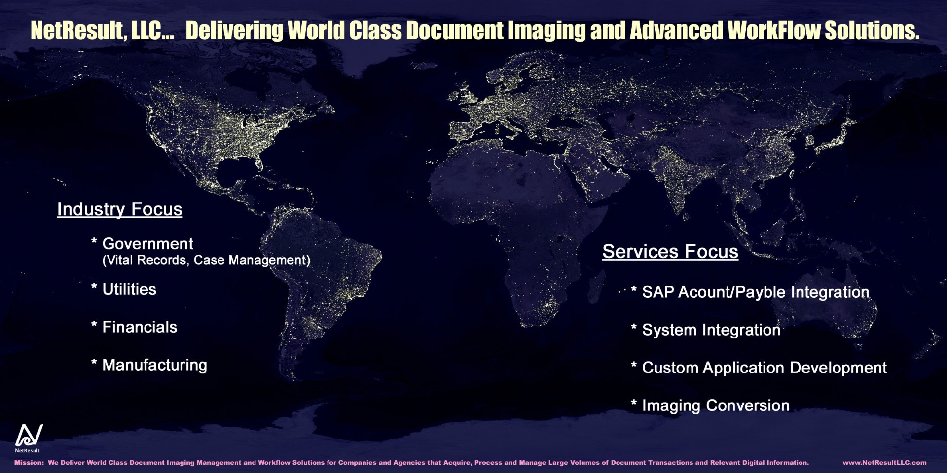 Trang trình chiếu có tiêu đề NetResult, LLC... Delivering World Class Document Imaging and Advanced WorkFlow Solutions, trên nền bản đồ thế giới về đêm. Hai danh sách: Industry Focus (Government (Vital Records, Case Management), Utilities, Financials, Manufacturing) và Services Focus (SAP Acount/Payble Integration, System Integration, Custom Application Development, Imaging Conversion). Biểu trưng NetResult và một dòng sứ mệnh nằm dọc cạnh dưới.