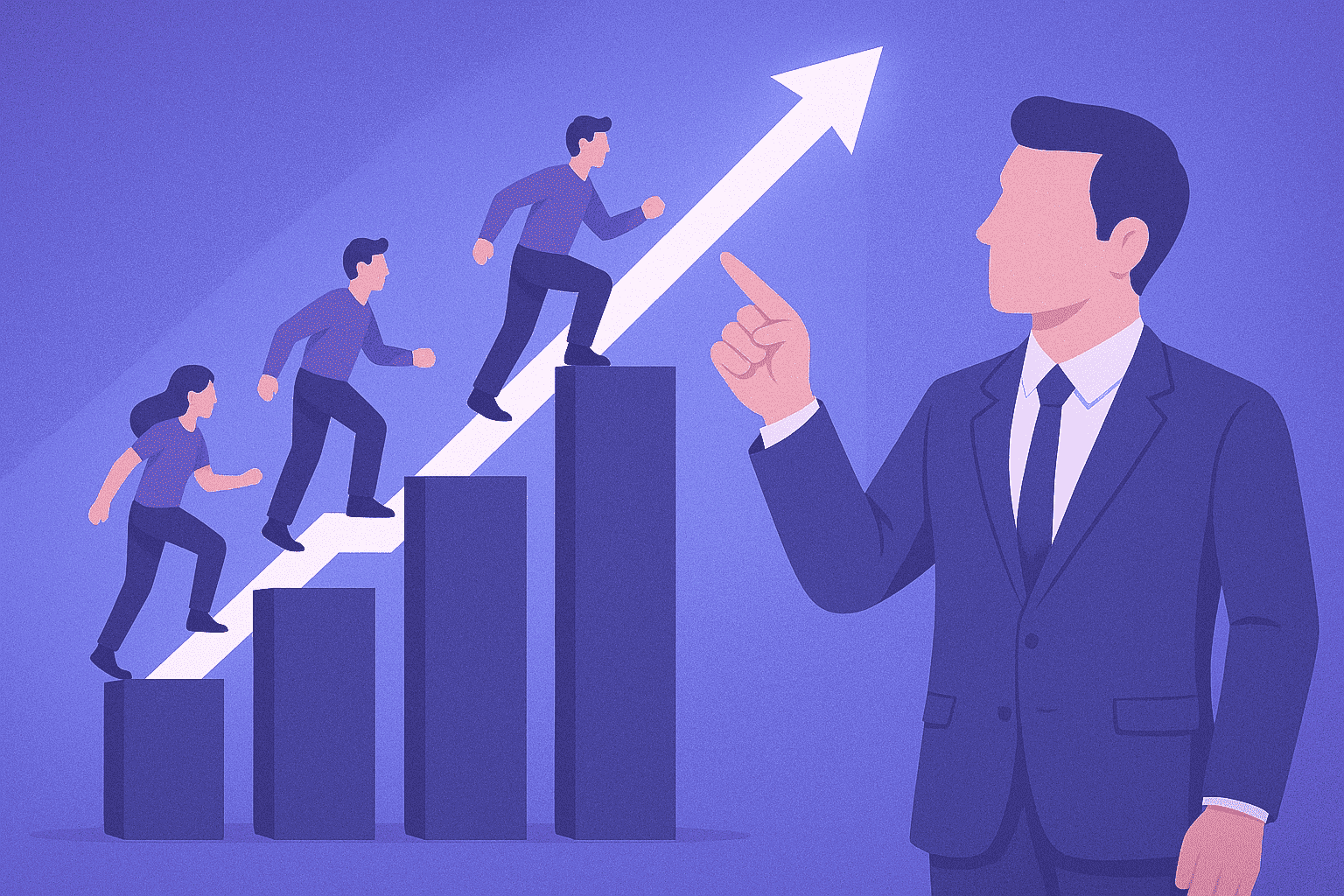 Illustration of a manager guiding employees upward on rising bar charts, representing productivity growth and team performance improvement.