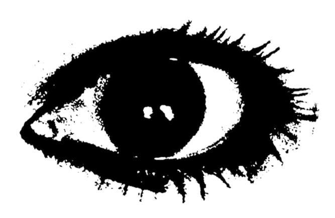 A black and white illustration of a human eye with detailed eyelashes and a textured appearance.