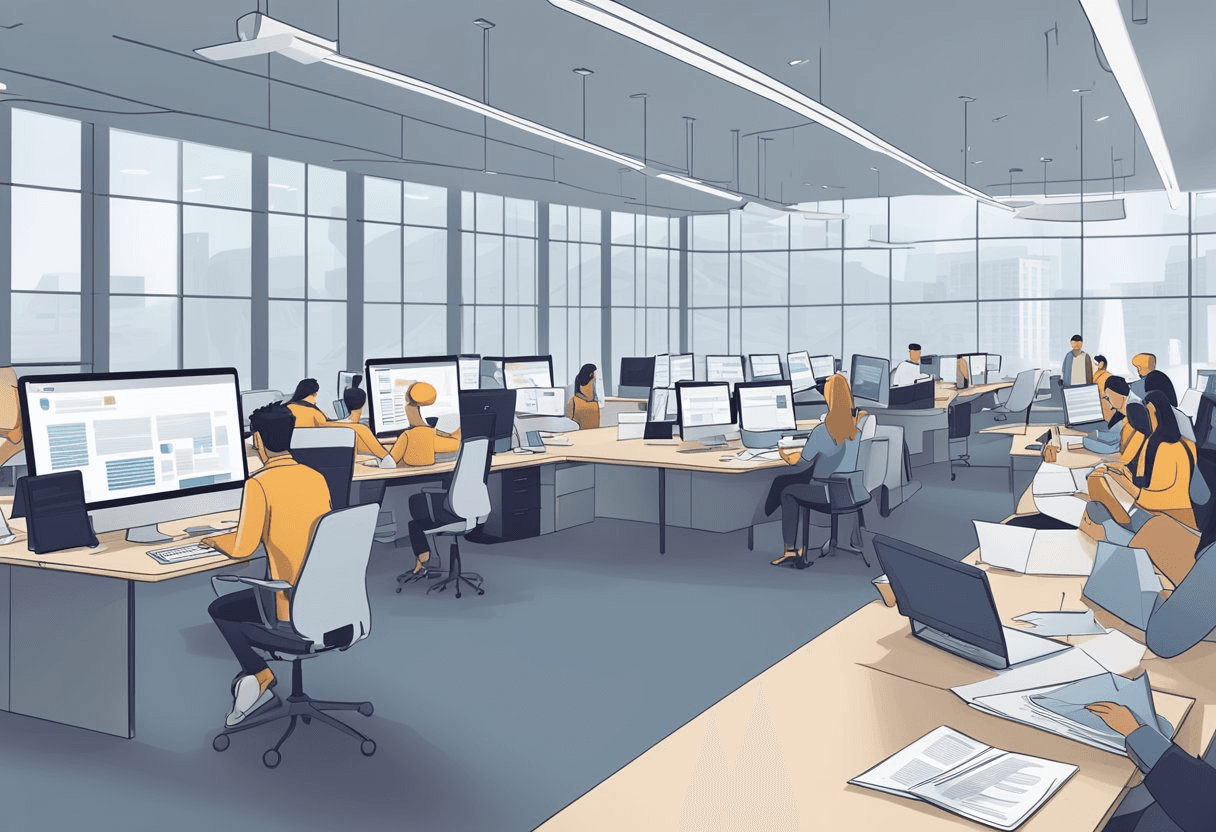 A busy HR office with employees reviewing GDPR compliance guide, papers scattered on desks, and computers displaying the guide on screens