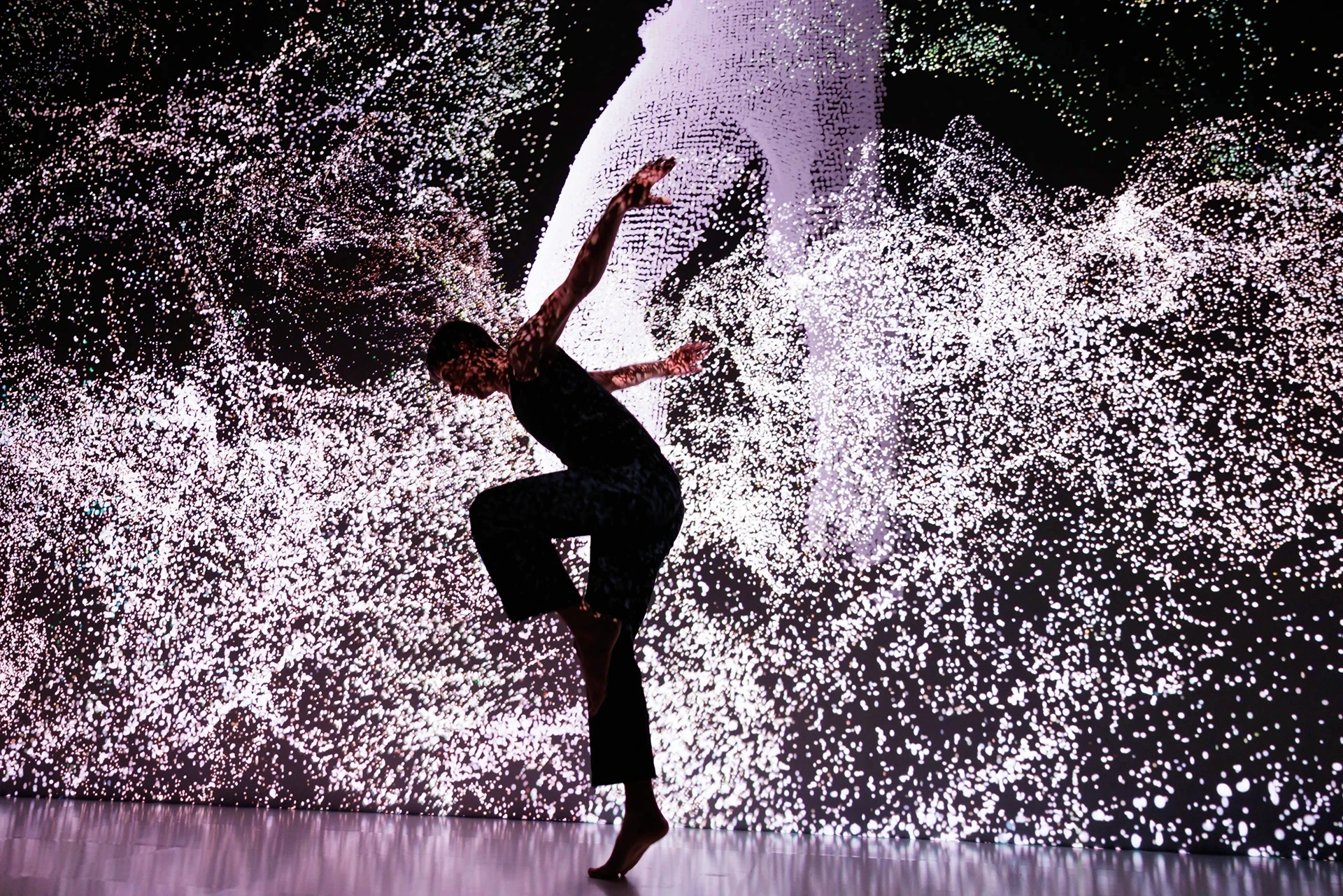 Dancer silhouetted against a projection of white and purple particles.