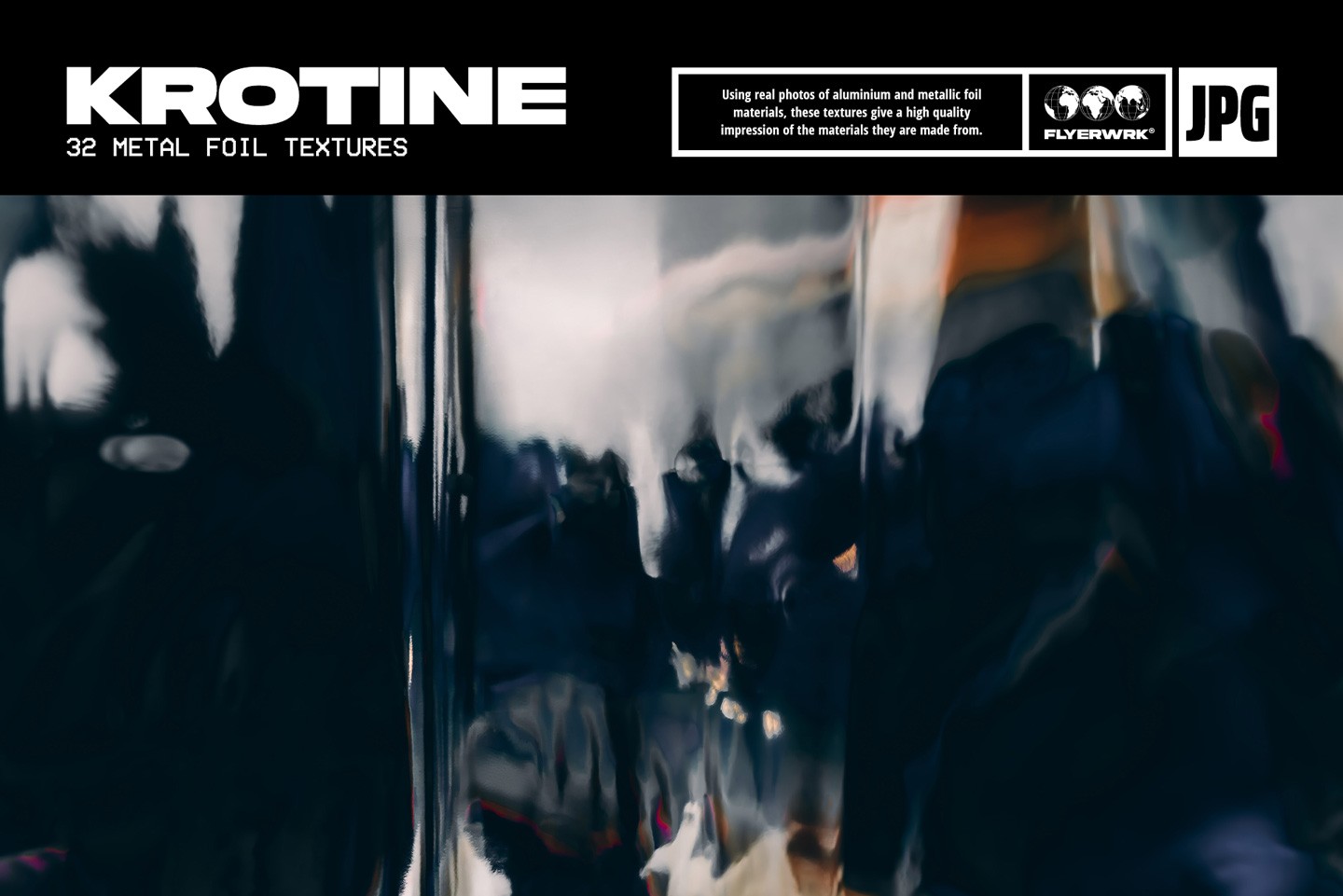 Krotine abstract metal foil texture with realistic metallic reflections and blurry industrial dark highlights