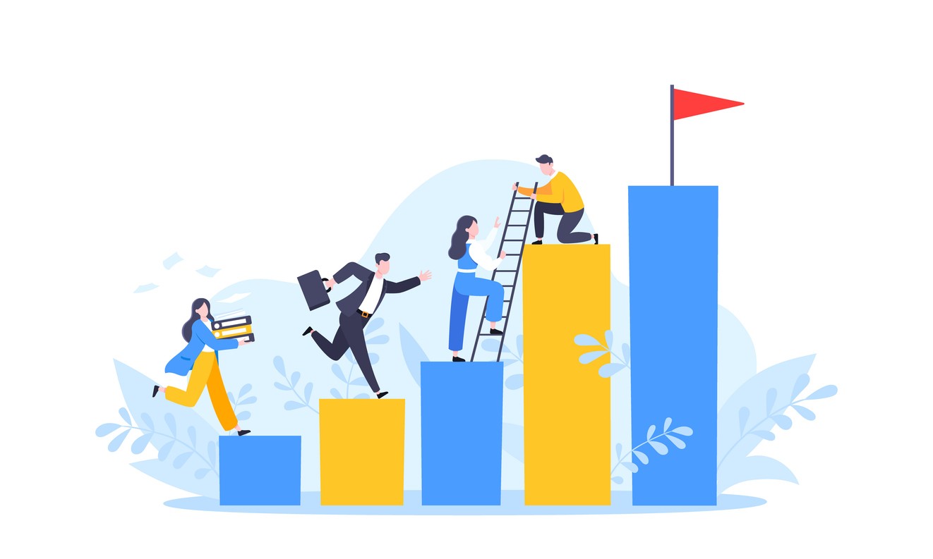 Illustration of four individuals ascending bar graphs at different stages of progress, symbolizing the journey of professional development through learning, goal-setting, and career achievement.