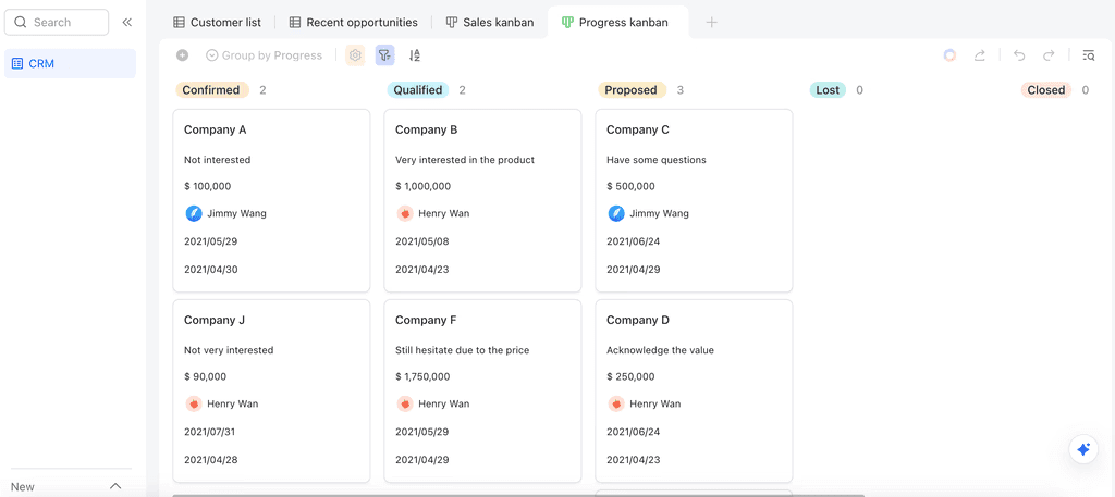 interface of Lark’s retail CRM system