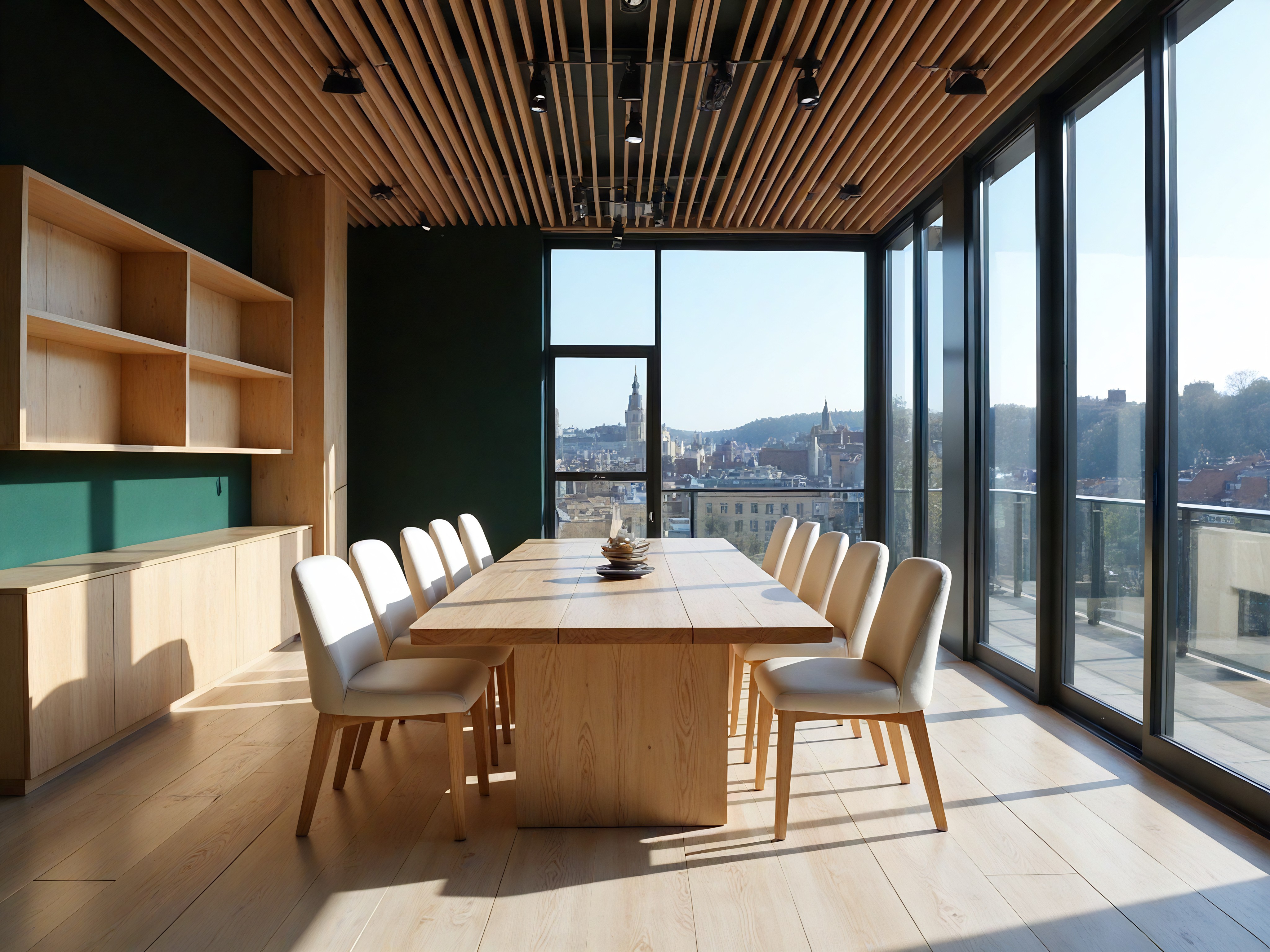 A classic European-style bedroom with ornate ceiling moldings and white paneled walls is shown. A large window on the far wall looks out on green foliage. A large, green upholstered, winged bed is against the wall on the left, which has a two-panel grey and white painting hanging directly above the bed. The bed features light sage green pillows and bedding as well as a small, green upholstered bench at the foot. A sage green knitted throw blanket is at the lower end. On either side of the bed are small, wooden bedside tables, both with lamps with beige-colored shades. The left bedside table has a stack of three small drawers. A larger rug in a shade of grey sits in front of the bed on the grey and white marble-patterned flooring. To the right, against the right wall, are floor-to-ceiling cream cabinets with gold-colored T-bar style handles. A dark grey pot with a green, leafy bush inside is near the corner and next to the window. In front of the window is a white radiator.