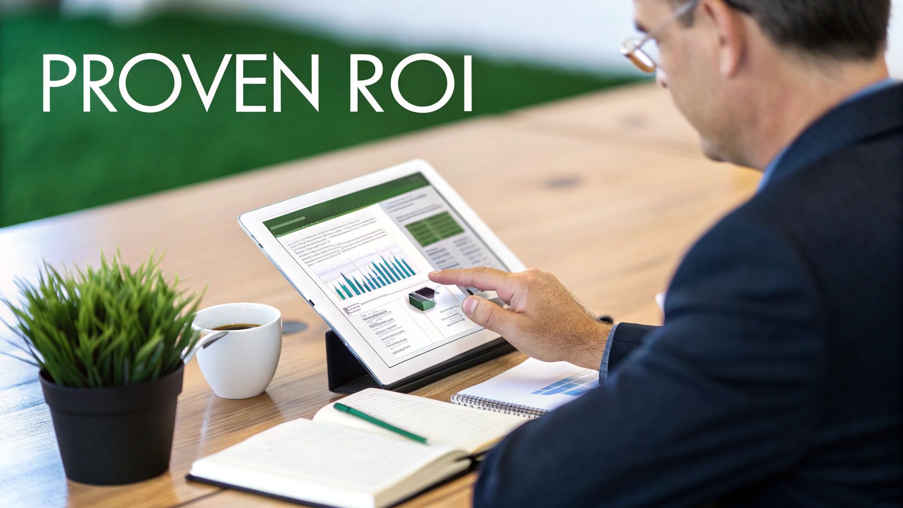 A man in a suit uses a tablet displaying charts, with 'PROVEN ROI' text, alongside a coffee and plant on a wooden desk.