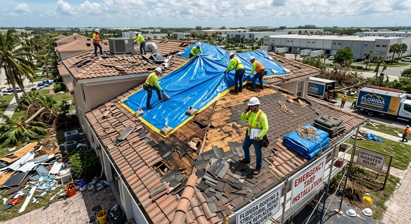 Storm damage roof repair South Florida — Roofing Network crew performing emergency repair and tarp installation after hurricane damage