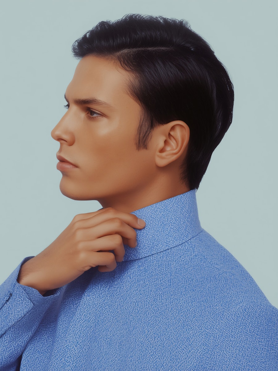 White man dressed in a blue shirt