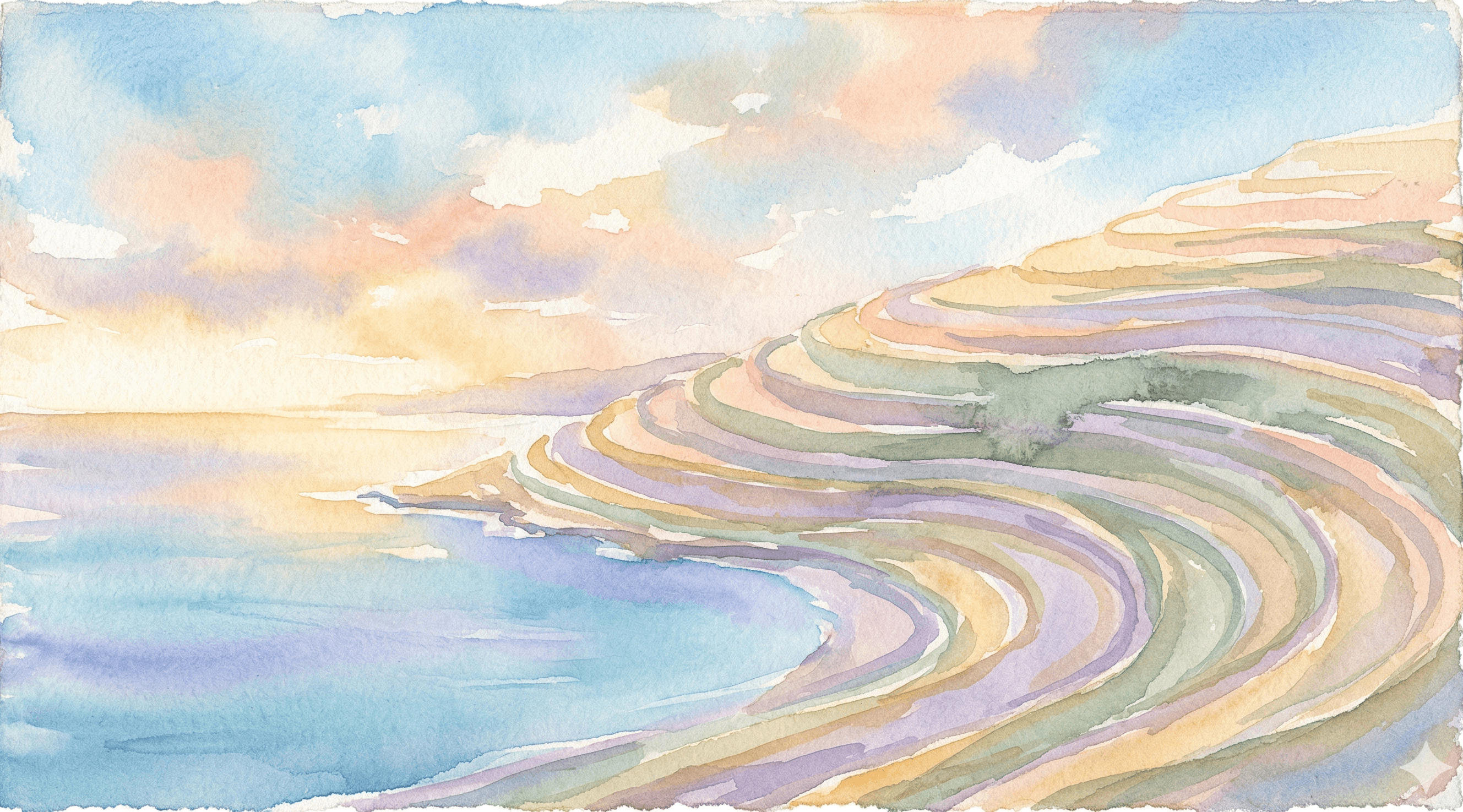 Watercolor terraced hillside descending to a calm sea in soft colors