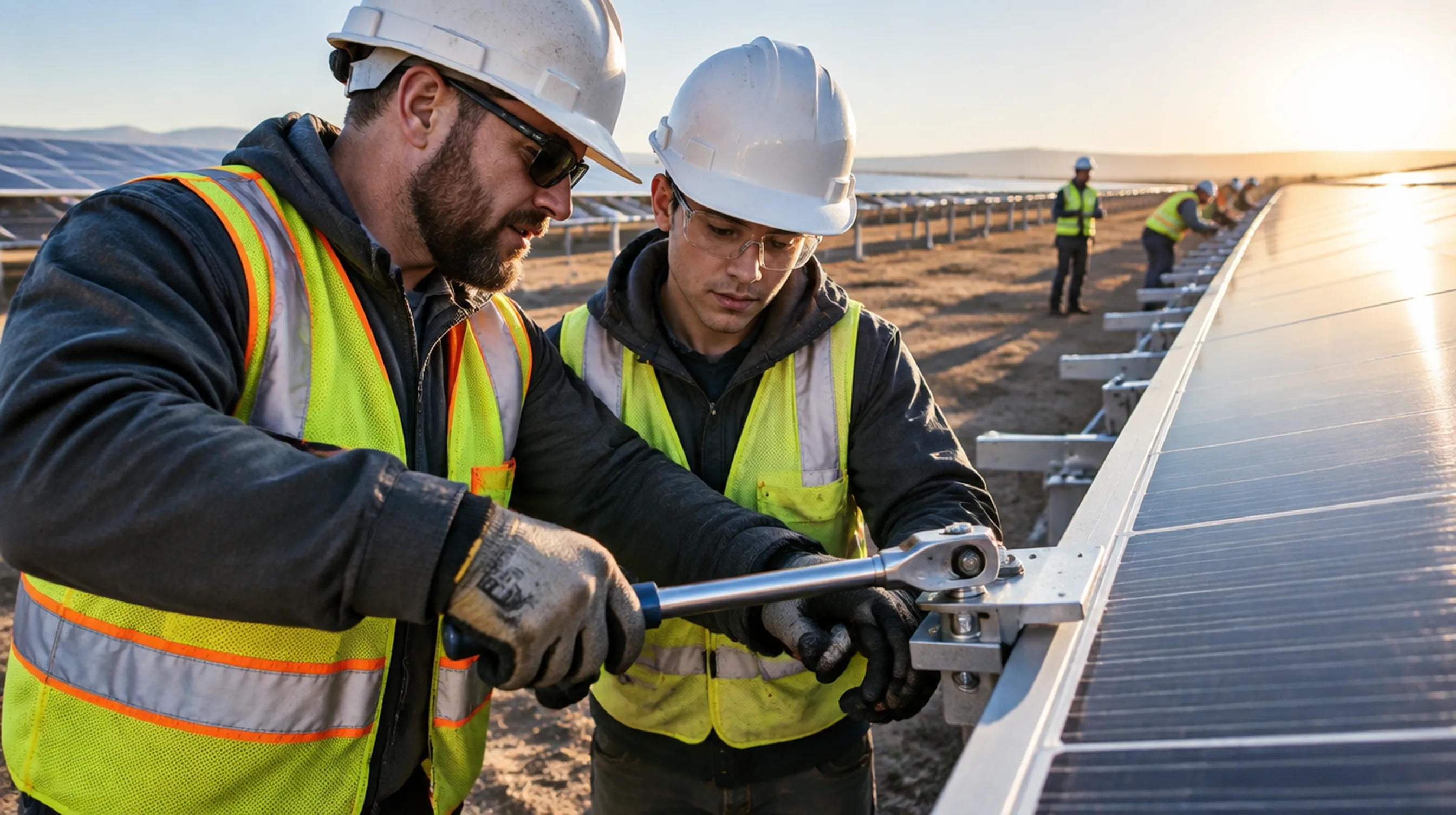 Journeyworker electrician training an apprentice to torque module clamps on a utility-scale solar tracker