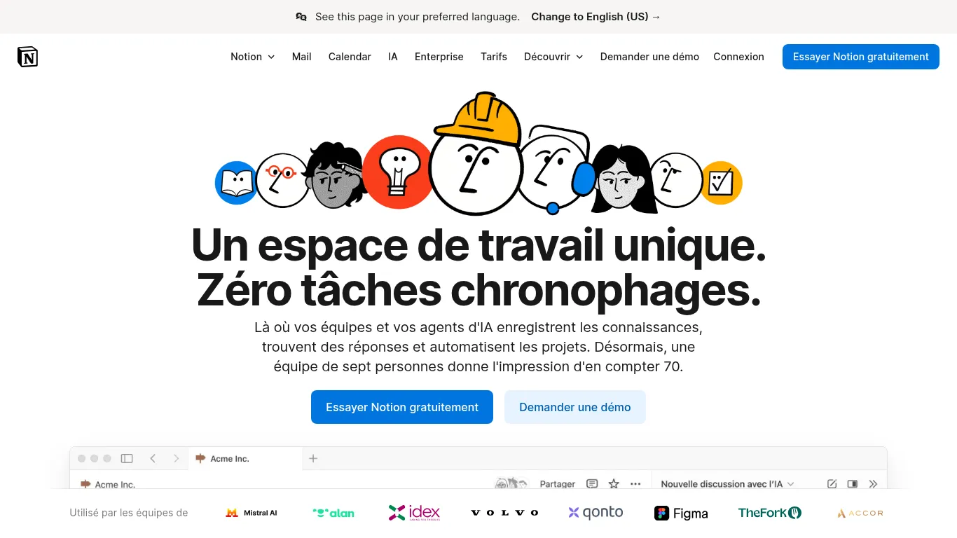 Page d’accueil Notion en français - aperçu du workspace avec IA