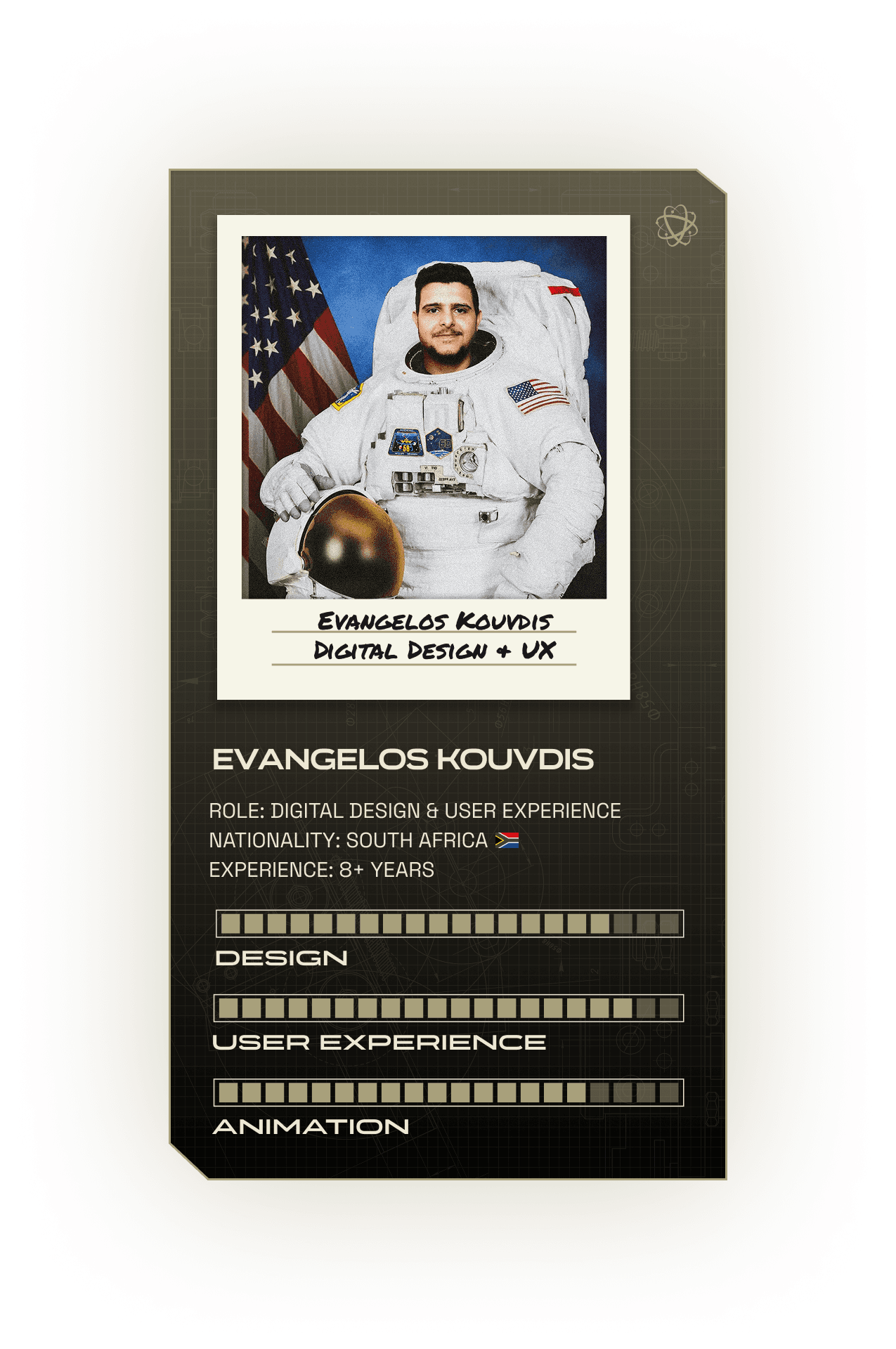 An astronaut in a white space suit stands proudly, holding a helmet, with one American and one South African flag behind, showcasing digital design and user experience expertise on a stylized profile card.
