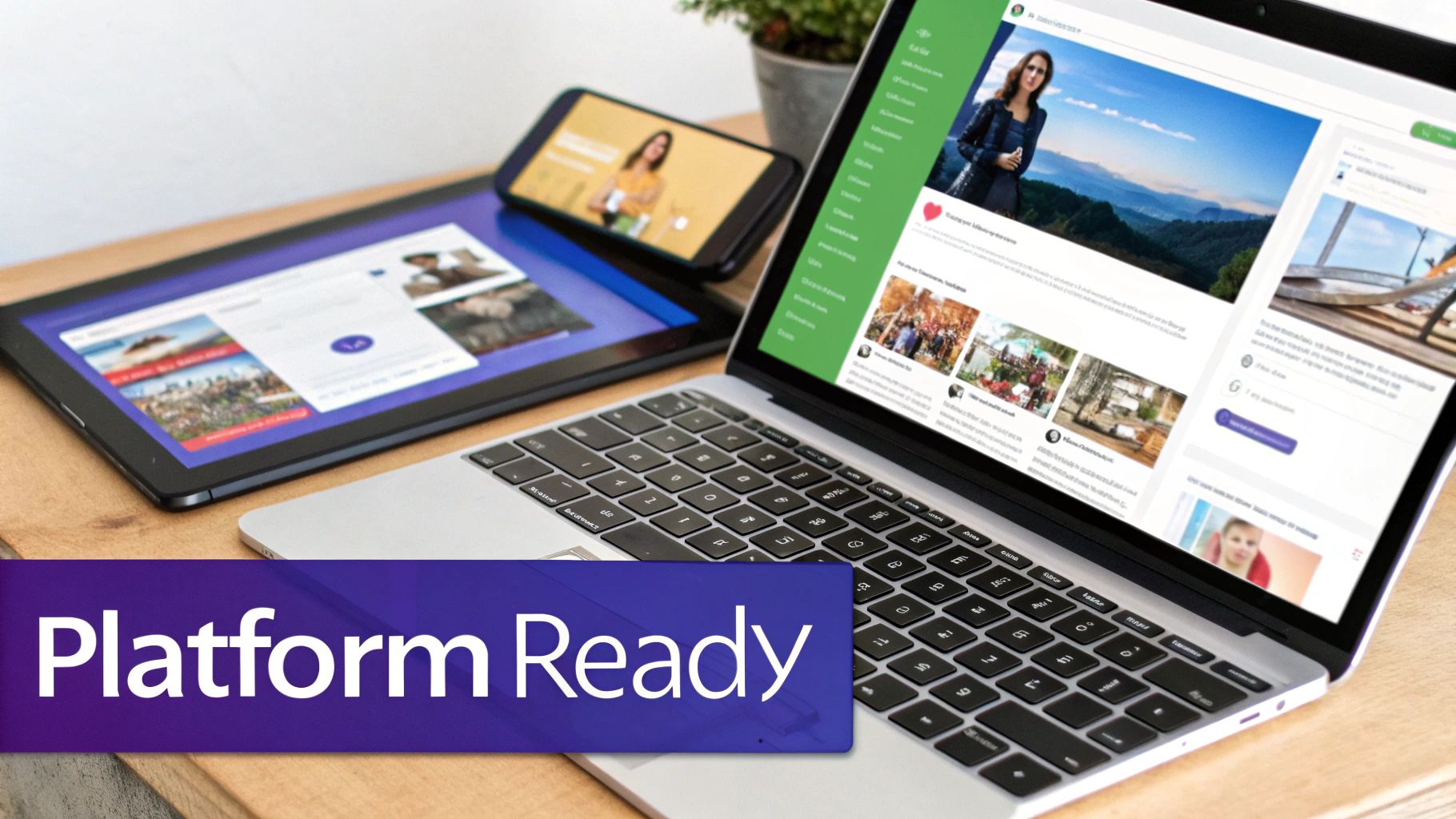 Multiple digital devices (laptop, tablet, smartphone) displaying social media content on a wooden desk.