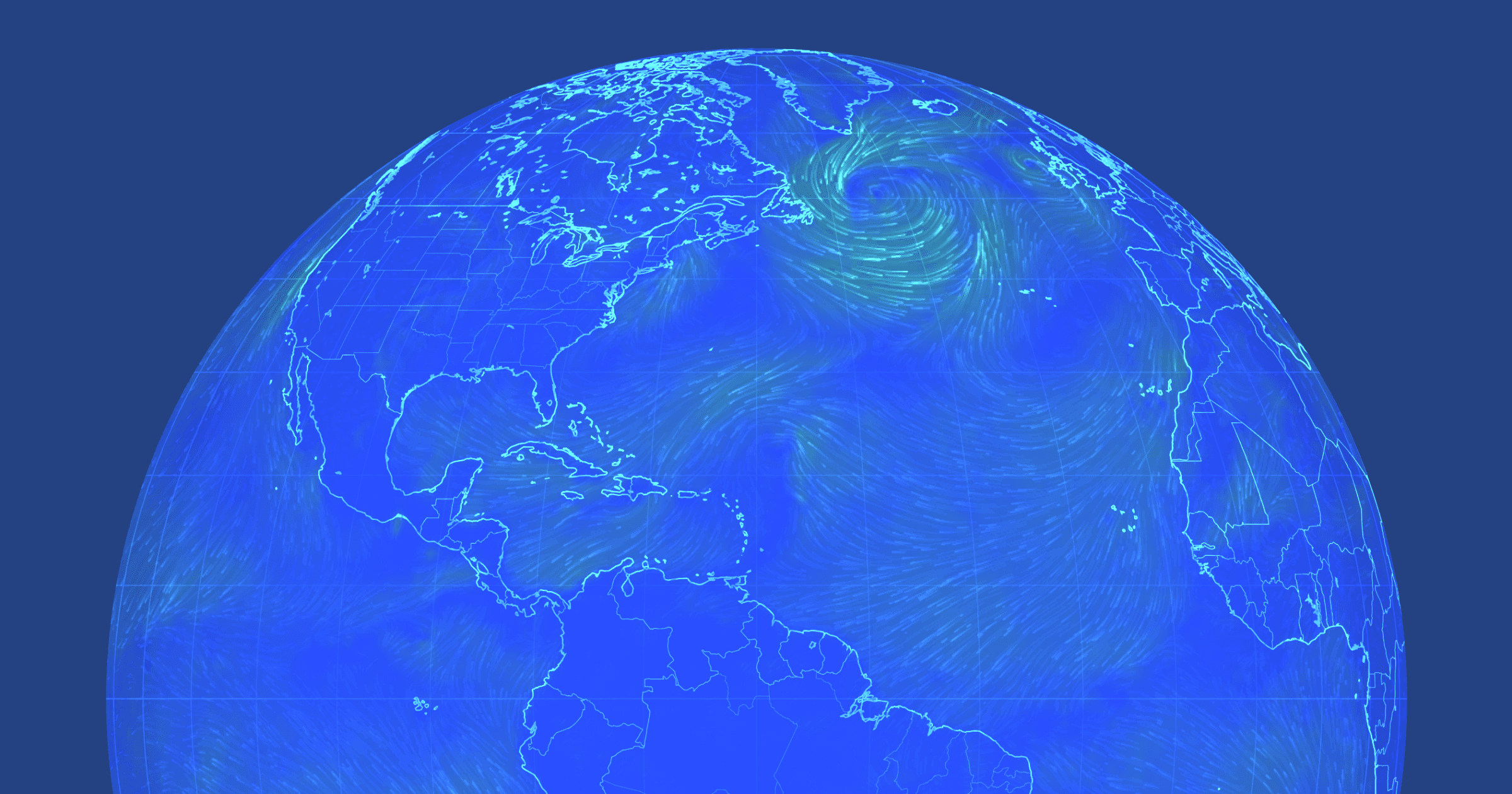 Animated illustration of global wind patterns, showcasing a weather system over the North Atlantic Ocean.
