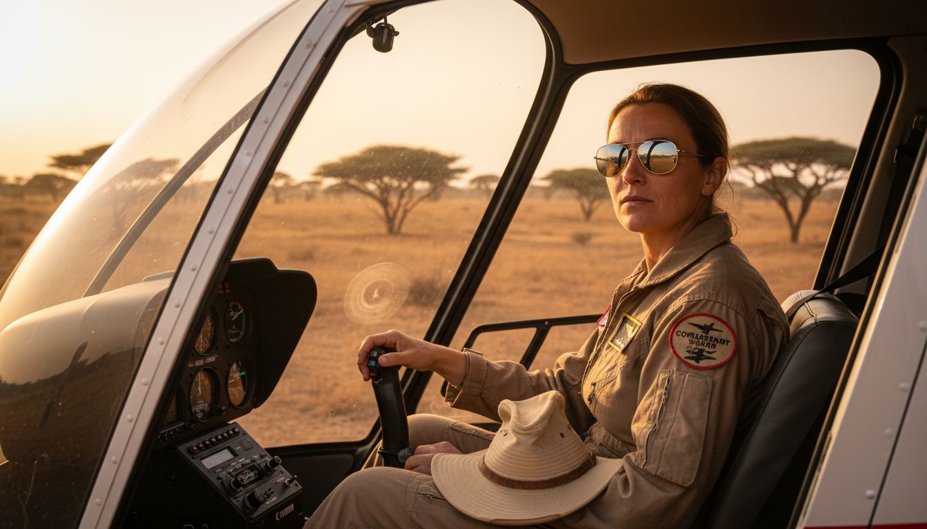 Aux commandes de son hélicoptère, un pilote survole l’immensité de la savane africaine.