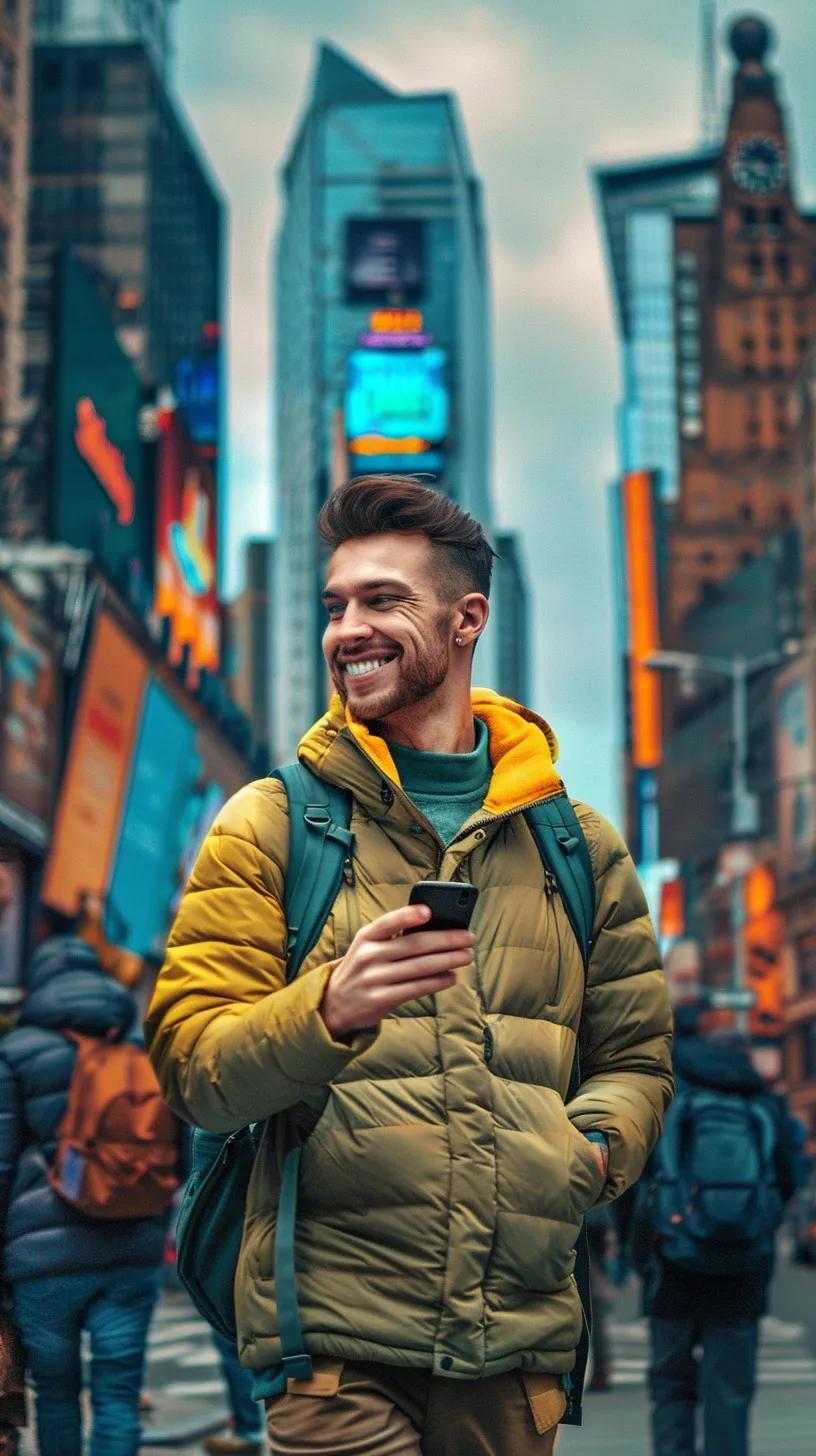Traveler using smartphone with eSIM technology in a foreign city