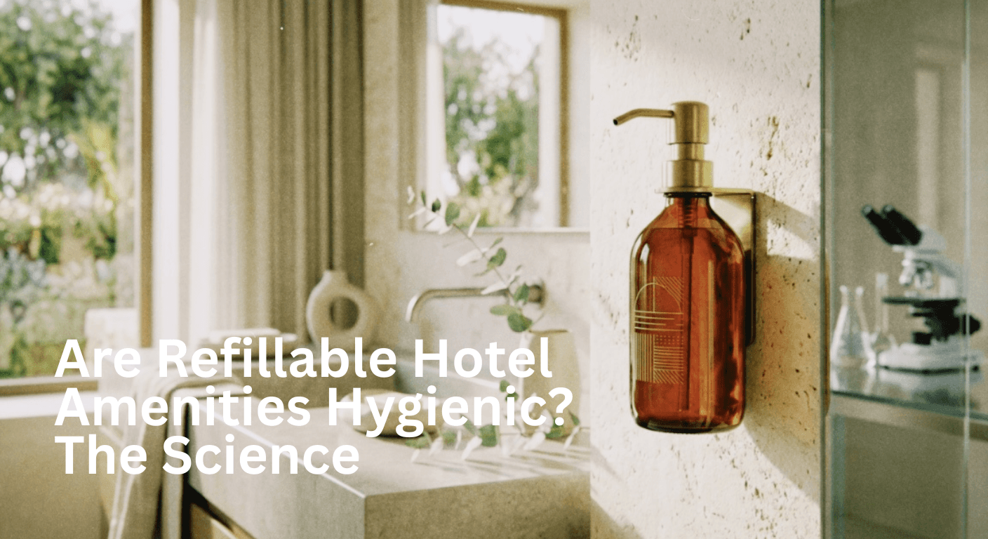 Sophisticated bathroom with large window, beige décor, and refillable soap dispenser. Text questions the hygiene of refillable hotel amenities.