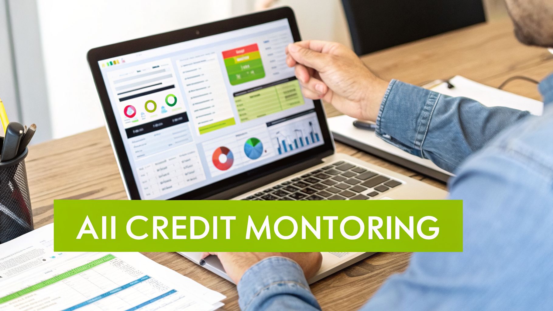 Person viewing a laptop dashboard displaying credit monitoring charts, graphs, and data.