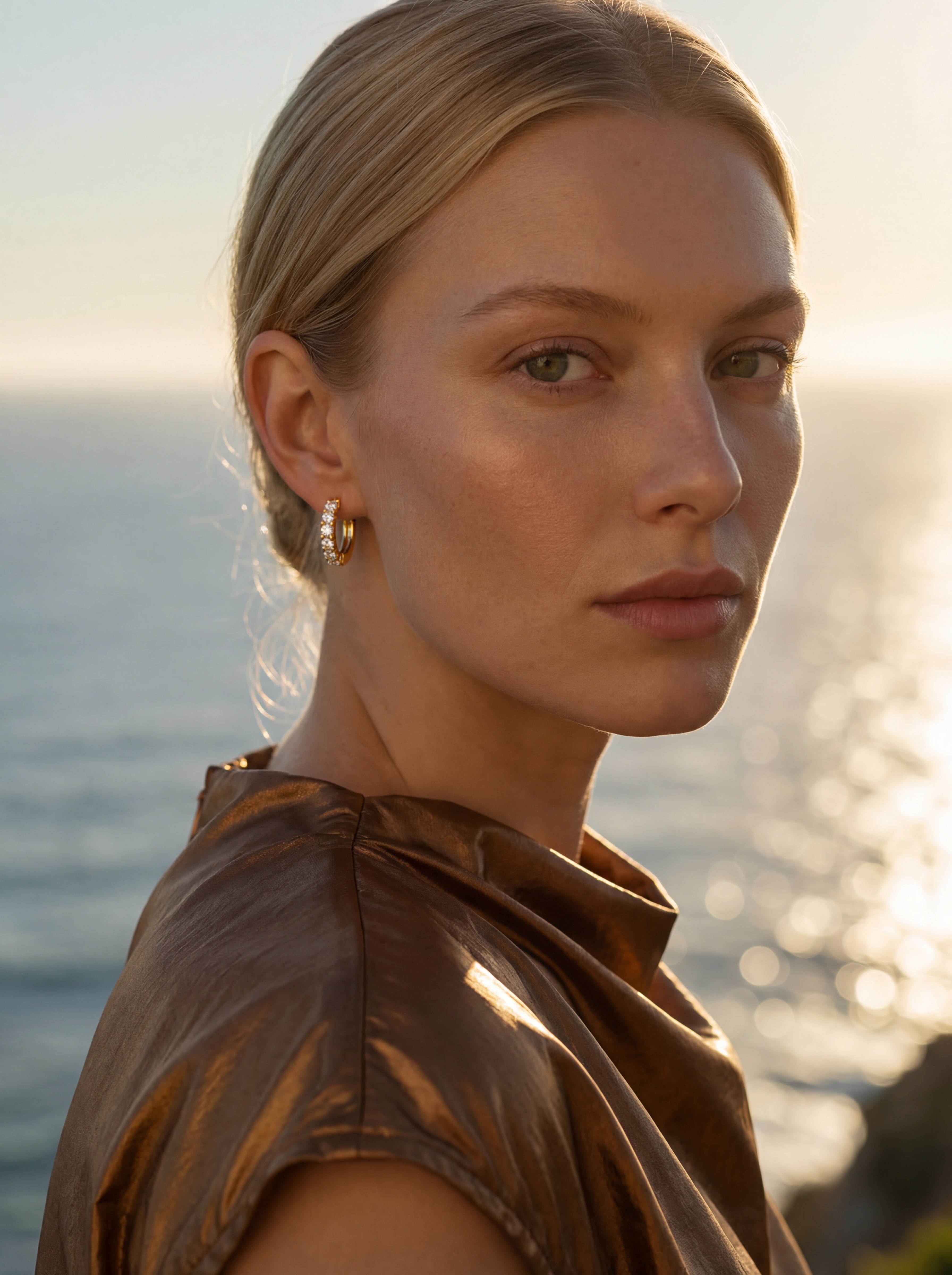 Freyja Lindholm AI model wearing gold huggie hoop earring, coastal golden hour campaign, bronze editorial fashion, Gemzy AI jewelry studio