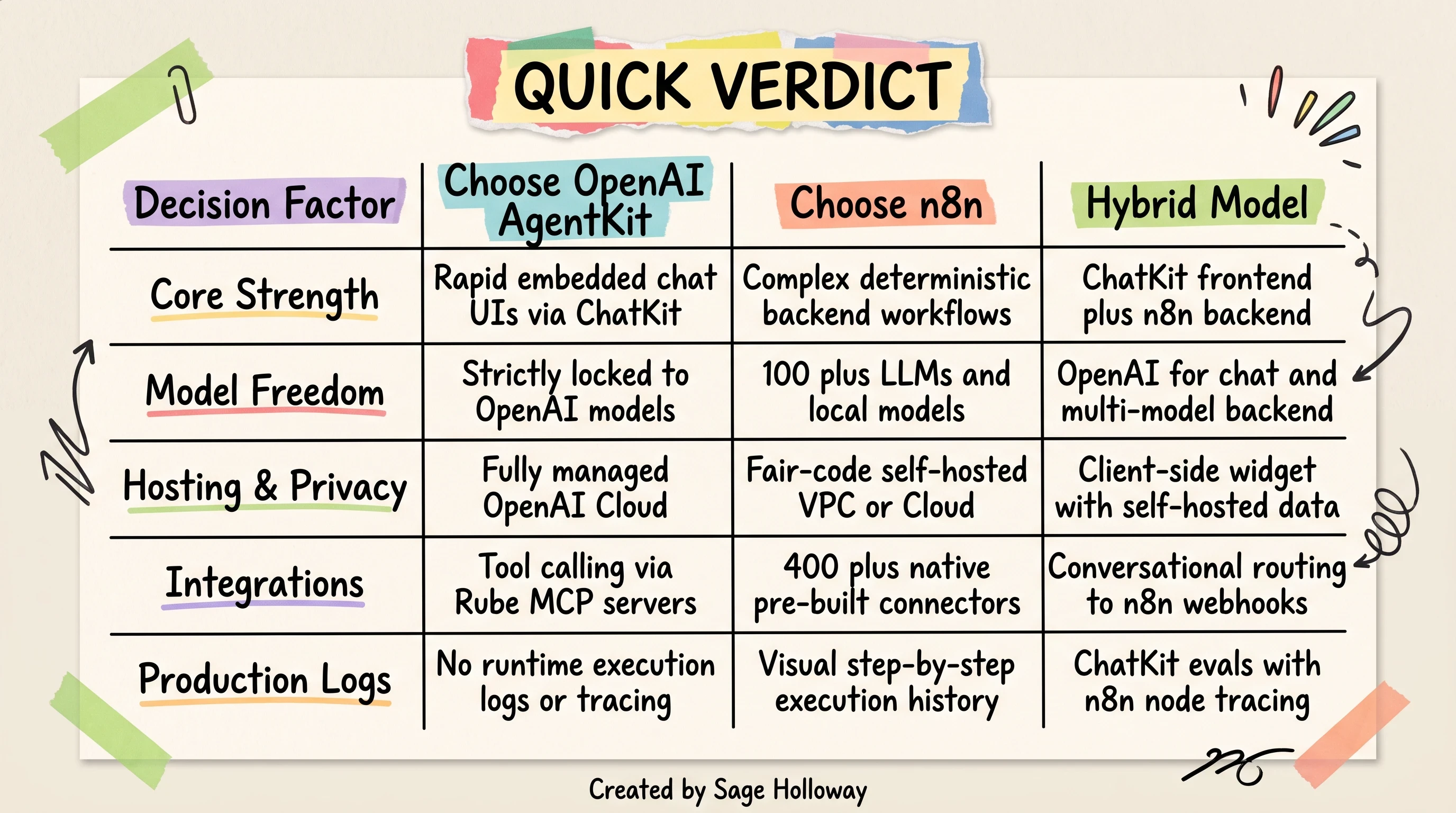 Decision matrix table comparing OpenAI AgentKit vs n8n and the hybrid architecture model