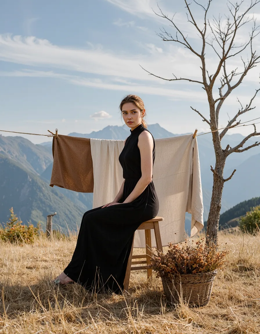 Elegant portrait featuring person in black dress seated on wooden stool against mountain backdrop with neutral fabric display
