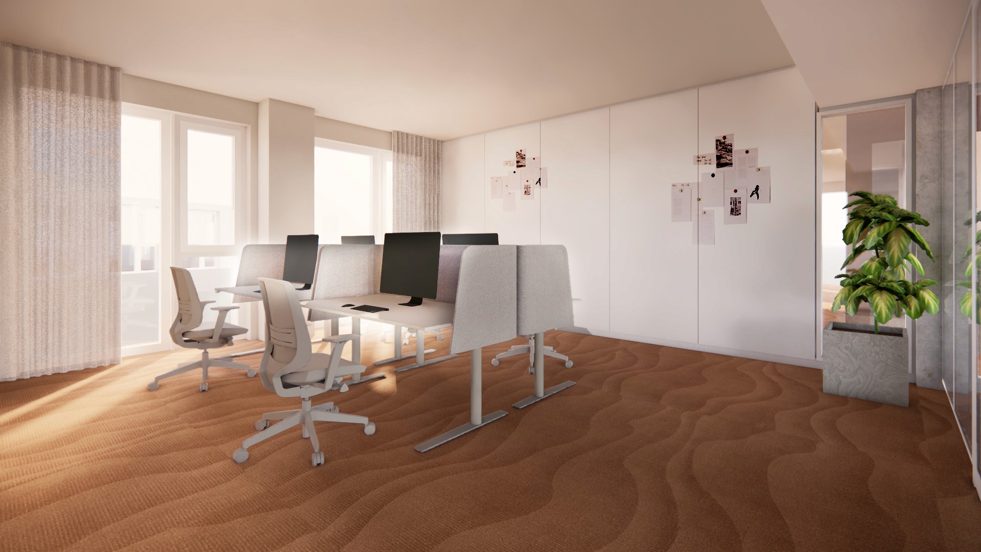 Open-Space-Büro mit flexiblen Raumstrukturen, Teamarbeitsplätzen und informellen Meetingbereichen