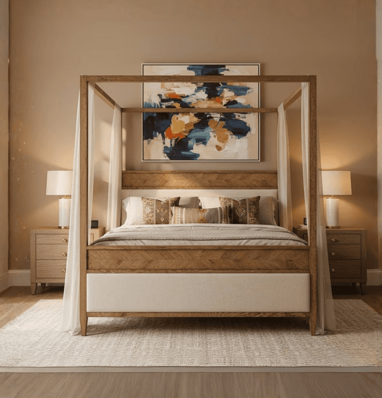 Luxury contemporary sofa with neutral fabric upholstery and exposed wooden frame