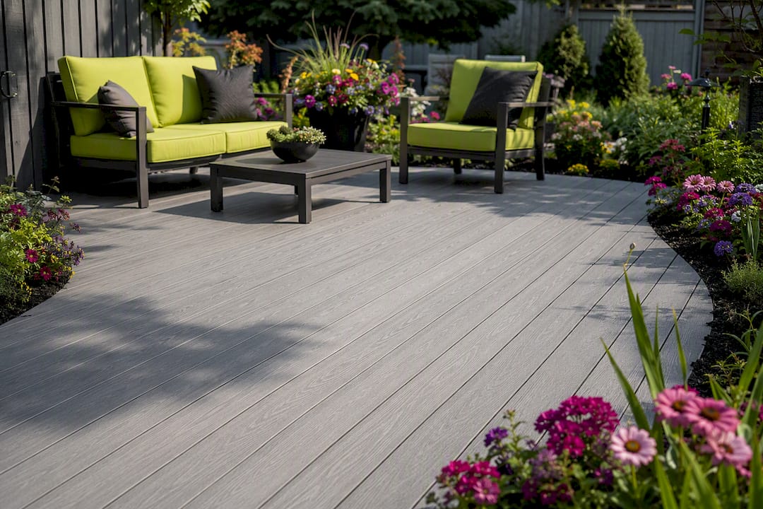 Driftwood gray deck with furniture and plants