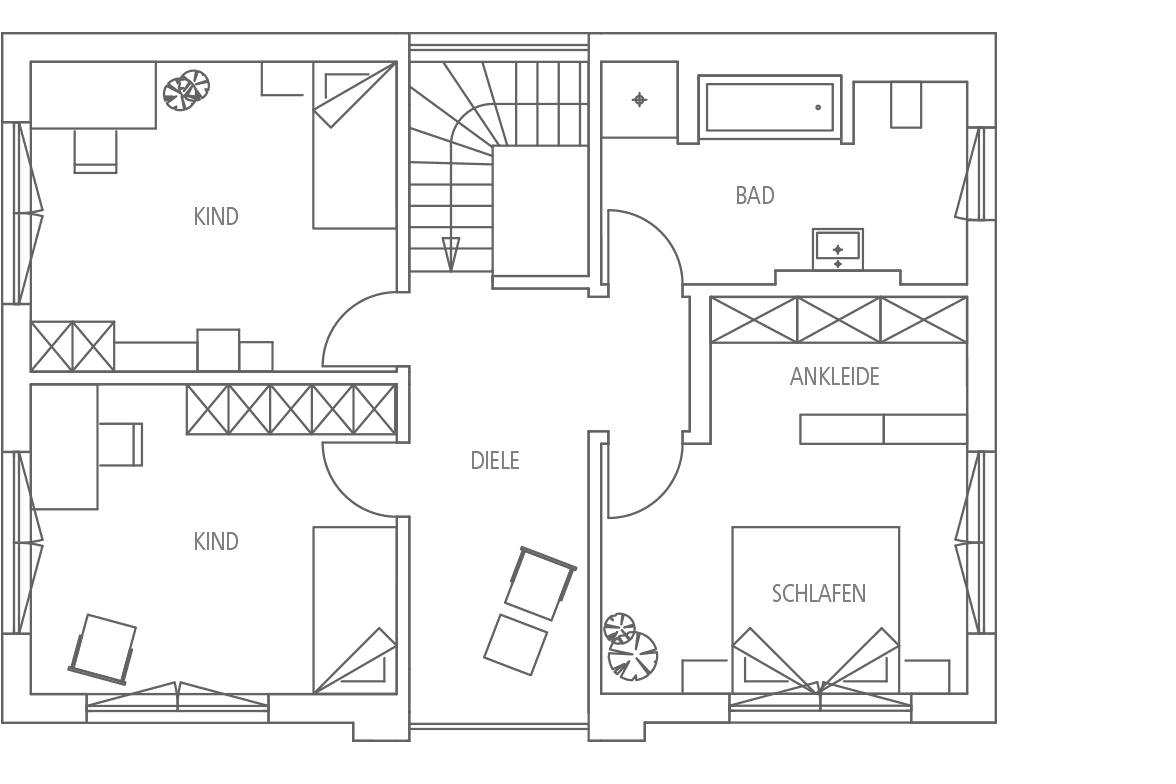 Grundriss mit zwei Kinderzimmern, einem Badezimmer, Kind, Diele, Ankleide und Schlafzimmer, Wendeltreppe