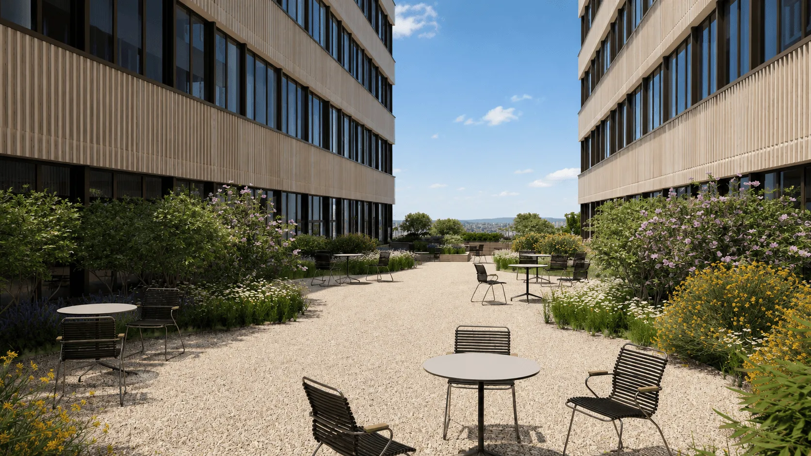 3D render of ground level between buildings with chairs and tables