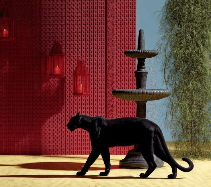 Black panther in a red courtyard