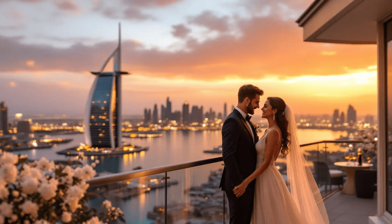 Ein romantisches Paar sitzt auf einem privaten Balkon mit Blick auf die Dubai Marina bei Sonnenuntergang. Die beeindruckende Skyline von Dubai, einschließlich des Burj Khalifa, ist im Hintergrund zu sehen, während der Himmel in warmen Farben leuchtet und eine entspannte Urlaubsatmosphäre schafft.