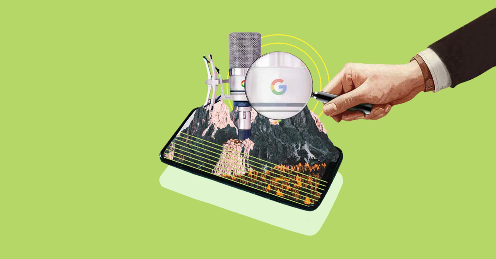 Ilustración de un micrófono sobre montañas en pantalla de smartphone, con lupa ampliando el logotipo de Google, fondo verde.