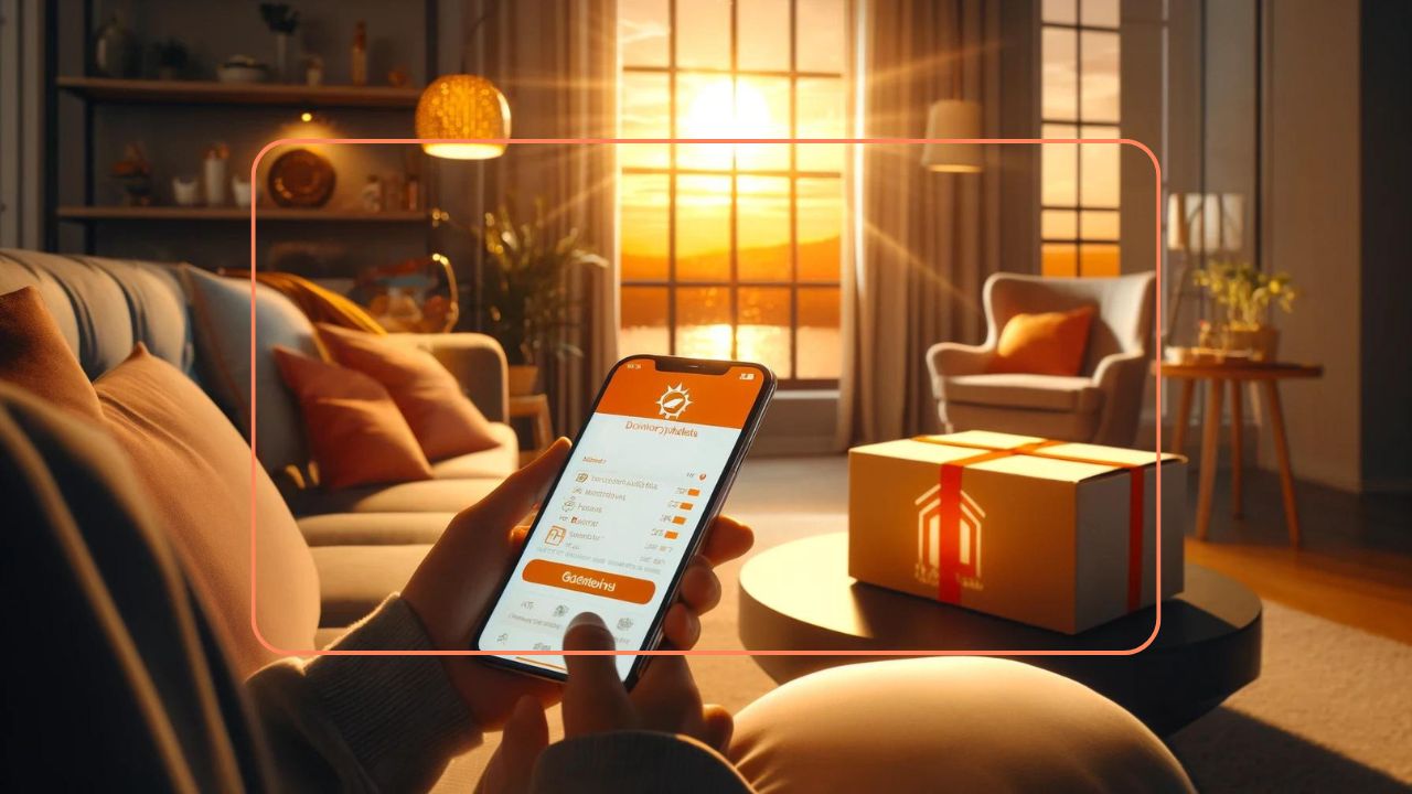 Person using a smartphone delivery app at home with a package on the table