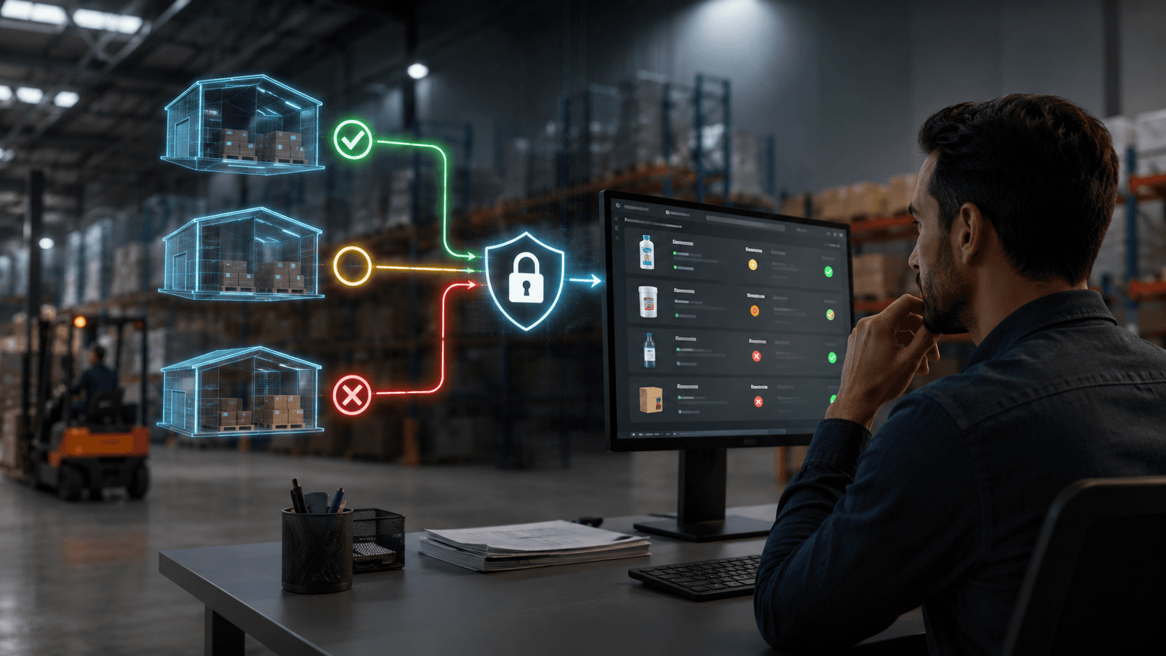Cena realista em 3D de um centro de distribuição moderno com múltiplos armazéns integrados digitalmente. Em primeiro plano, um gestor analisa em uma estação de trabalho um painel de controle de estoque. Elementos holográficos conectam diferentes filiais, mostrando disponibilidade de produtos em cada unidade sem revelar números exatos. Ícones de segurança e controle de acesso reforçam a proteção das informações. Ao fundo, prateleiras industriais, empilhadeiras e operações logísticas em andamento. Iluminação corporativa sofisticada, ambiente tecnológico, foco em gestão de estoque multidepósito, integração entre filiais e proteção de dados comerciais. Sem texto. Formato horizontal 16:9.