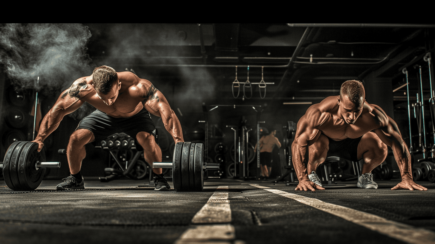 Two person demonstrating  an examples of a 5 day split workout.