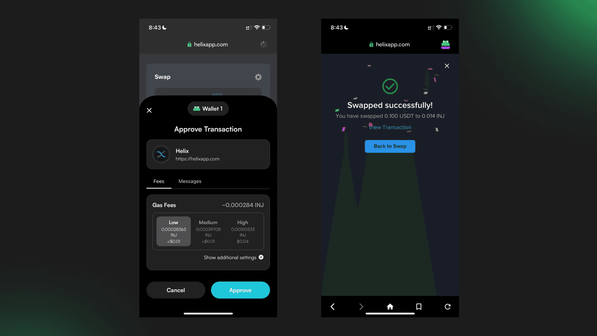 Swapped Successfully on Helix using Leap Wallet mobile browser