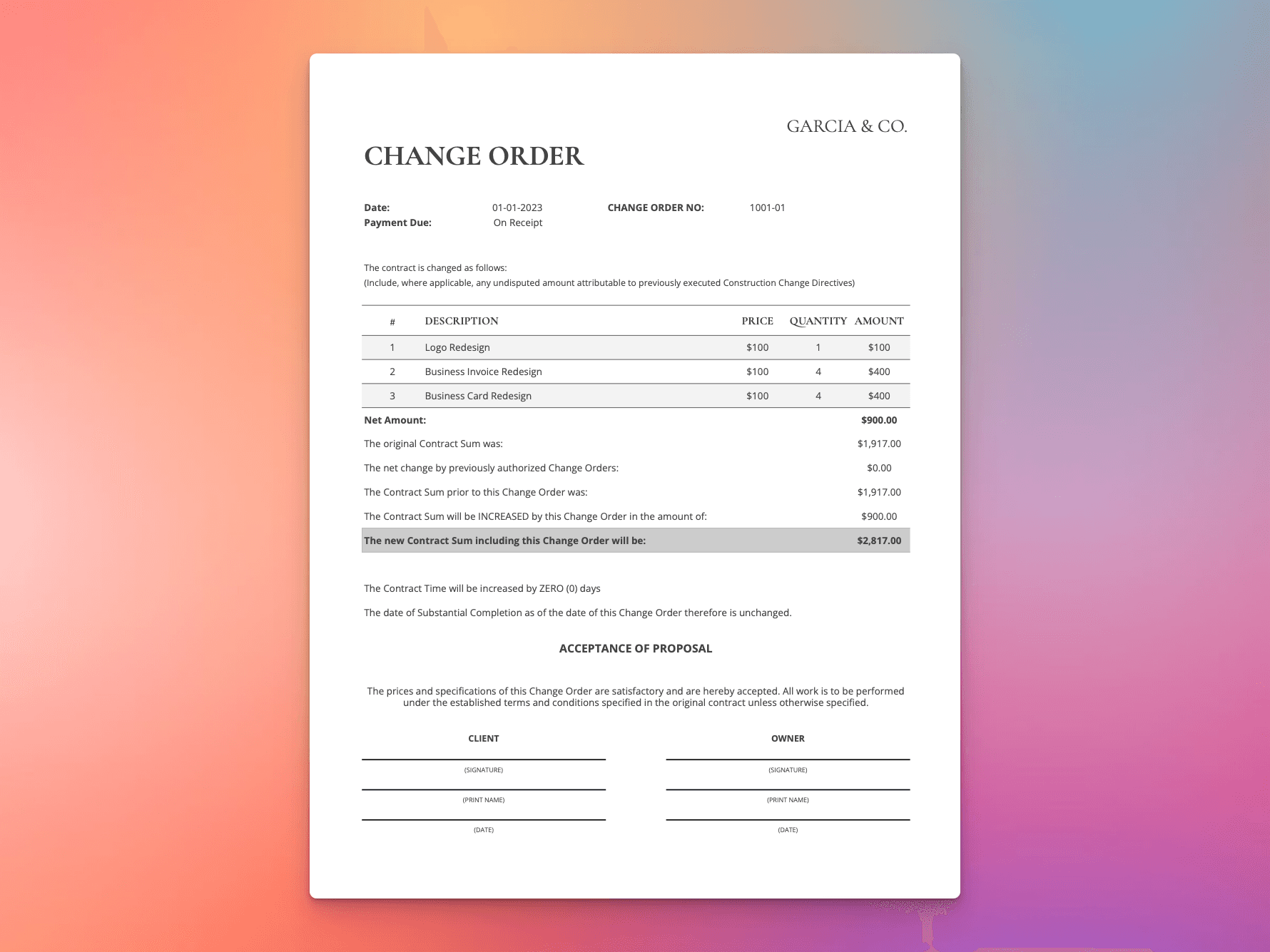 Change Order template showing editable project revisions and updated contract totals in a clean, professional layout.