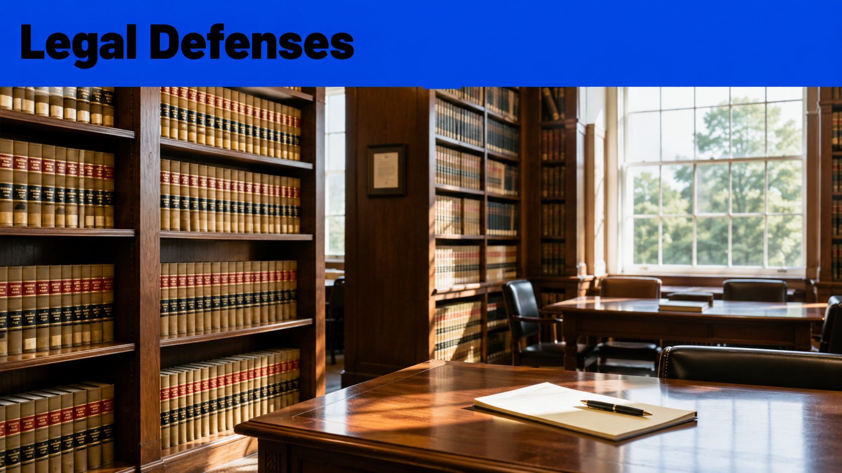 A quiet, wood-paneled law library with rows of legal books, a desk, a pen, and a notepad.